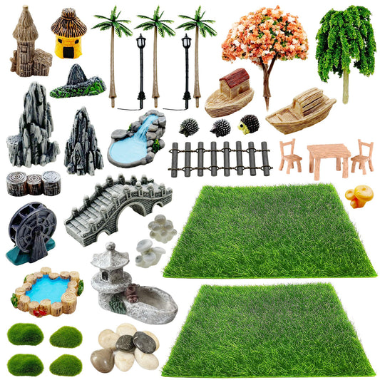 Woohome 42 PCS Mini Garden Accessories Fairy Garden Kit Micro Landscape Mini Zen Garden Accessories for Diorama Project DIY, Mini House Decor