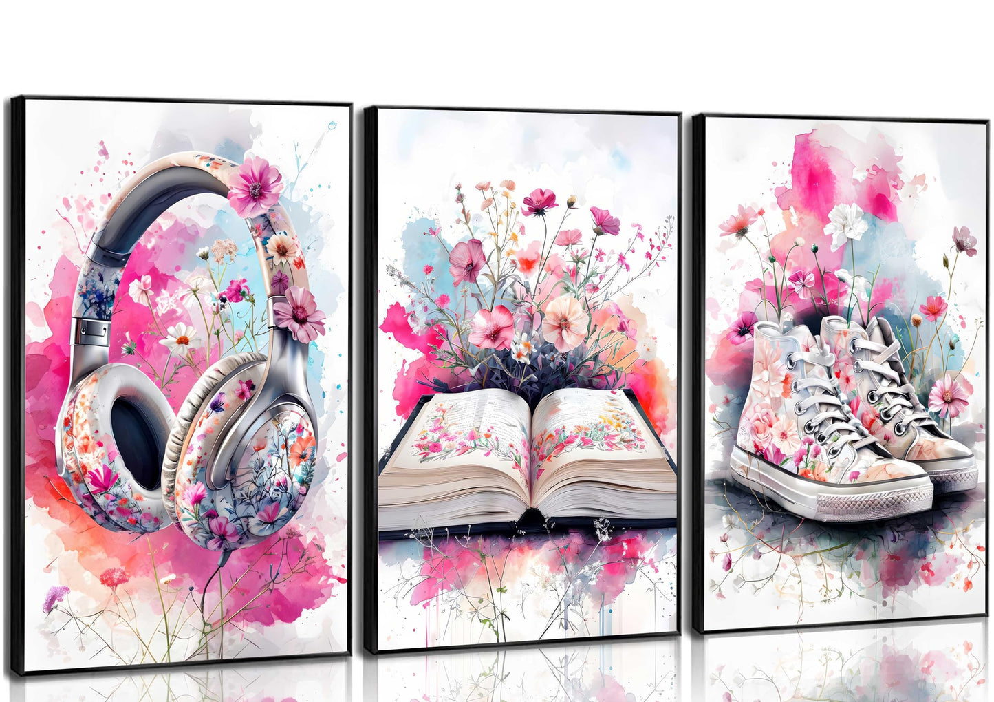 3Pcs Teen Girls Bedroom Canvas Wall Art Fashion Headphones Book and Shoes Pink Watercolo Splash Flower Painting Pictures Wall Decor Print Artwork for Living Room Dorm Home Decoration Unframed