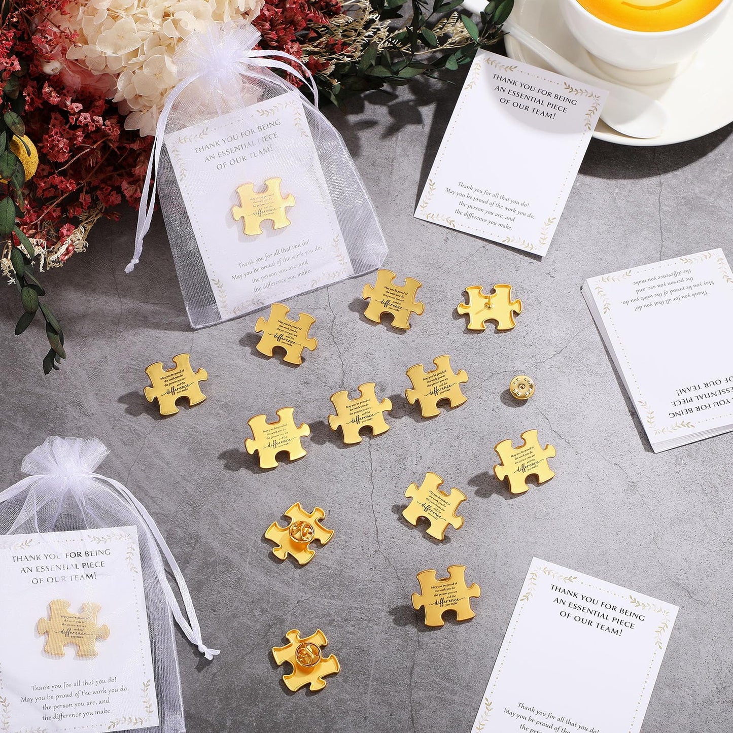 Solsew 25 Sets Teacher Appreciation Gift Bulk for Employees Puzzle Piece Lapel Pin Thank You Cards for Team Nurse Volunteer Coworkers Lab Ems Cna Week Gifts Bulk (May You)
