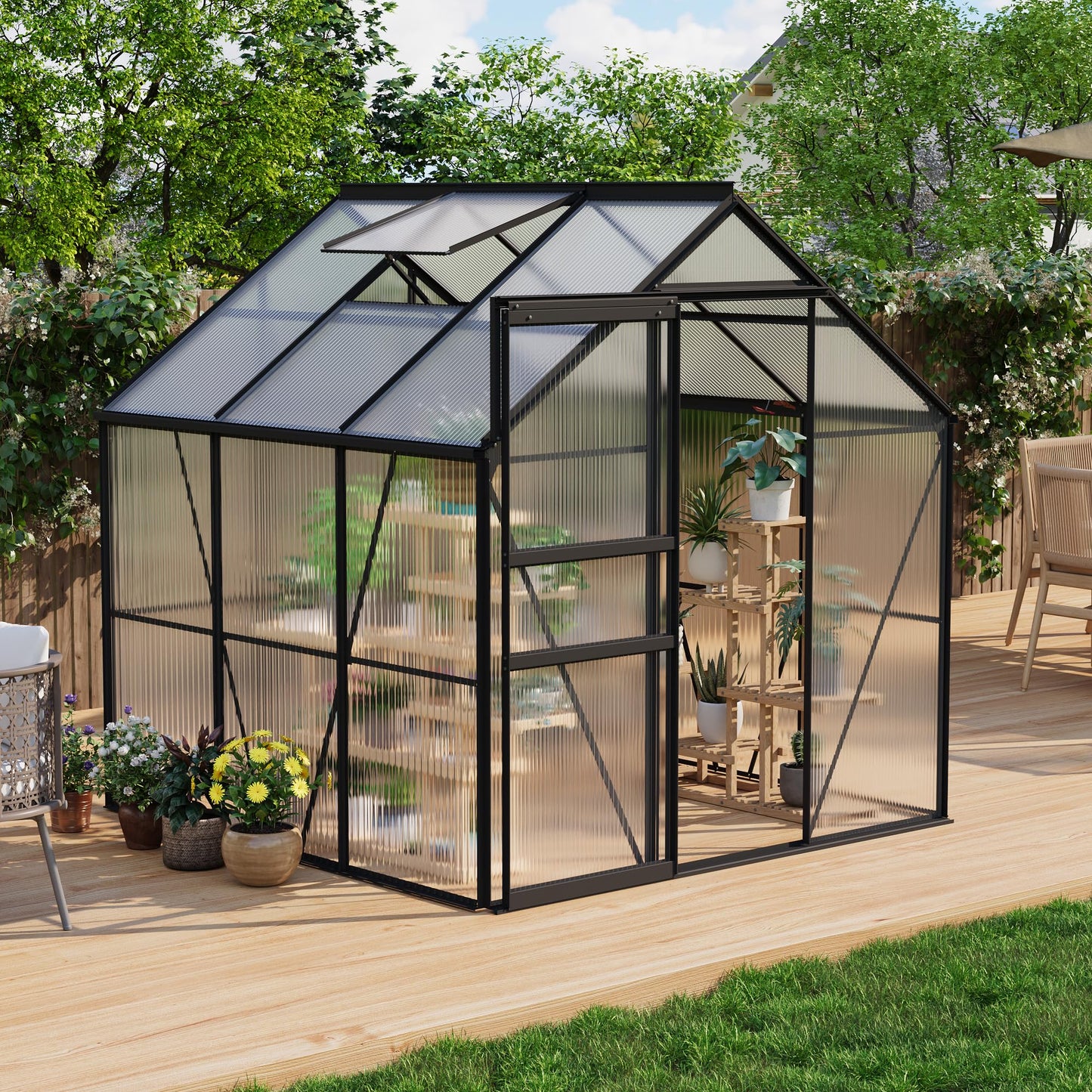 Garvee 6 x 6 FT Outdoor Greenhouse, Polycarbonate Greenhouses with Aluminum Frame, Sliding Door, Adjustable Roof Vent for Backyard, Green Houses for Outside Garden Backyard, Patio, Black