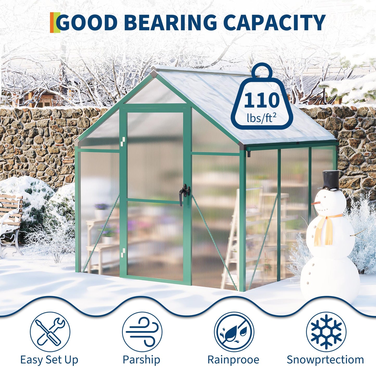 6X6 FT Greenhouse for Outdoors, Large Walk-in Polycarbonate Greenhouse Kit, Aluminum Frame, Lockable Door, Roof Vent, Ground Spikes, for Garden, Patio, Backyard, Outdoor Plant Growth