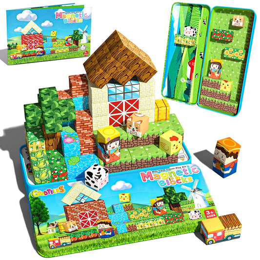 Mini Magnetic Blocks, Magnet Building Cubes, Farm Animal Travel Outdoors Toys with Portable Iron Box, STEM Montessori Sensory Educational Toys for Toddlers, Gift for Kids Ages 3-8 Boys & Girls