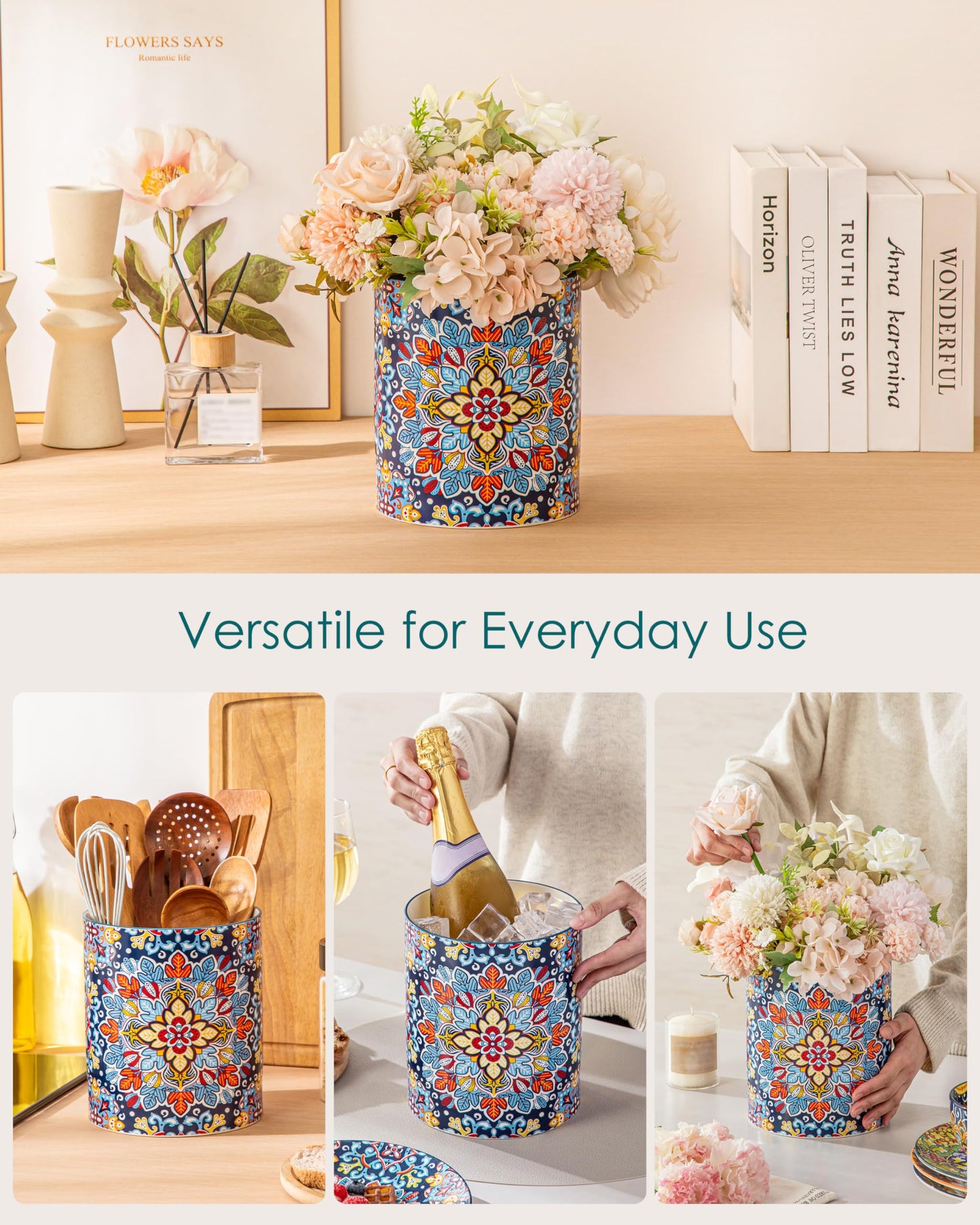 vancasso SIMI Utensil Holder, 7.3"+5.5" Porcelain Kitchen Utensil Holder for Countertop, Bohemian Kitchen Utensil Organizer for Spatulas, Spoons, Decorative Counter Utensil Crock, Twilight Bloom