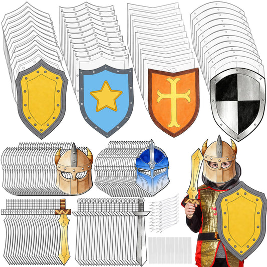 48 Set Diy Knight Shield Sword Set Including Blank Mask with Elastic Rope Shields Swords for Knight Party Favor Decoration Painting Crafts Cosplay Family School Games Castle Activities (Color Set 1)