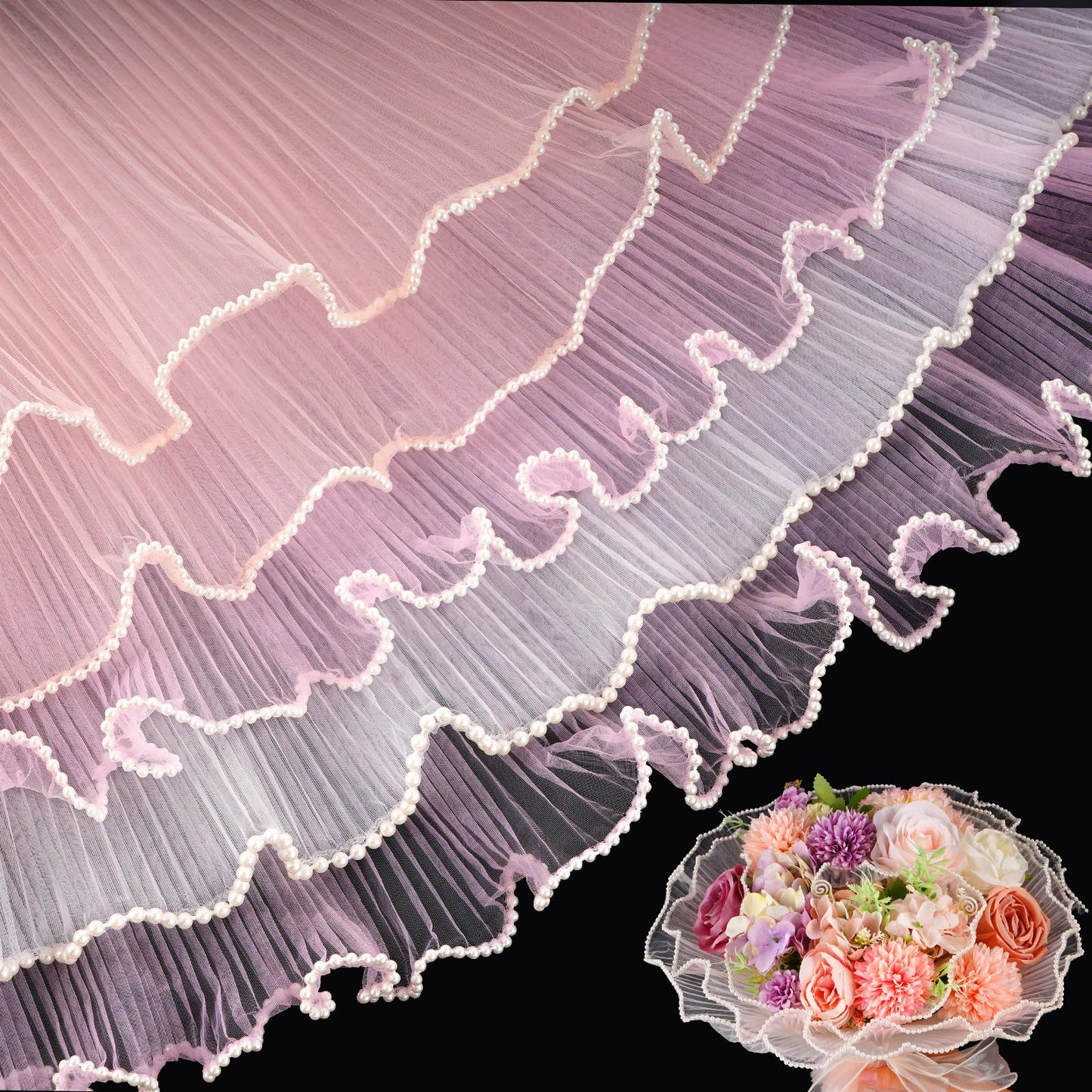 FACULX 3 Pcs Flower Wrapping Mesh for Bouquet Wrapping Paper 4 Yards Mother's Day Pearl Edge Flower Wrapping Paper for Thanks Wedding Anniversary Birthday Florist Supplies (White Pink Lightpink)