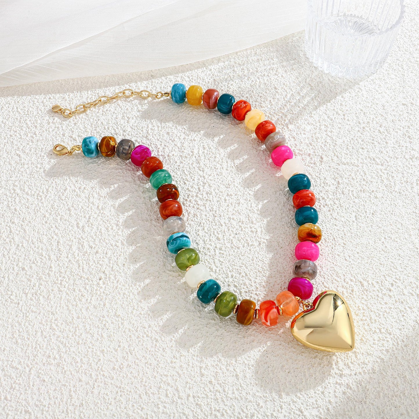 ENSKEFEN Colorful Beaded Necklace Chunky Heart Necklaces for Women Stylish Gold Puffy Heart Pendant Necklace Vibrant Resin Acrylic Beads Statement Necklaces
