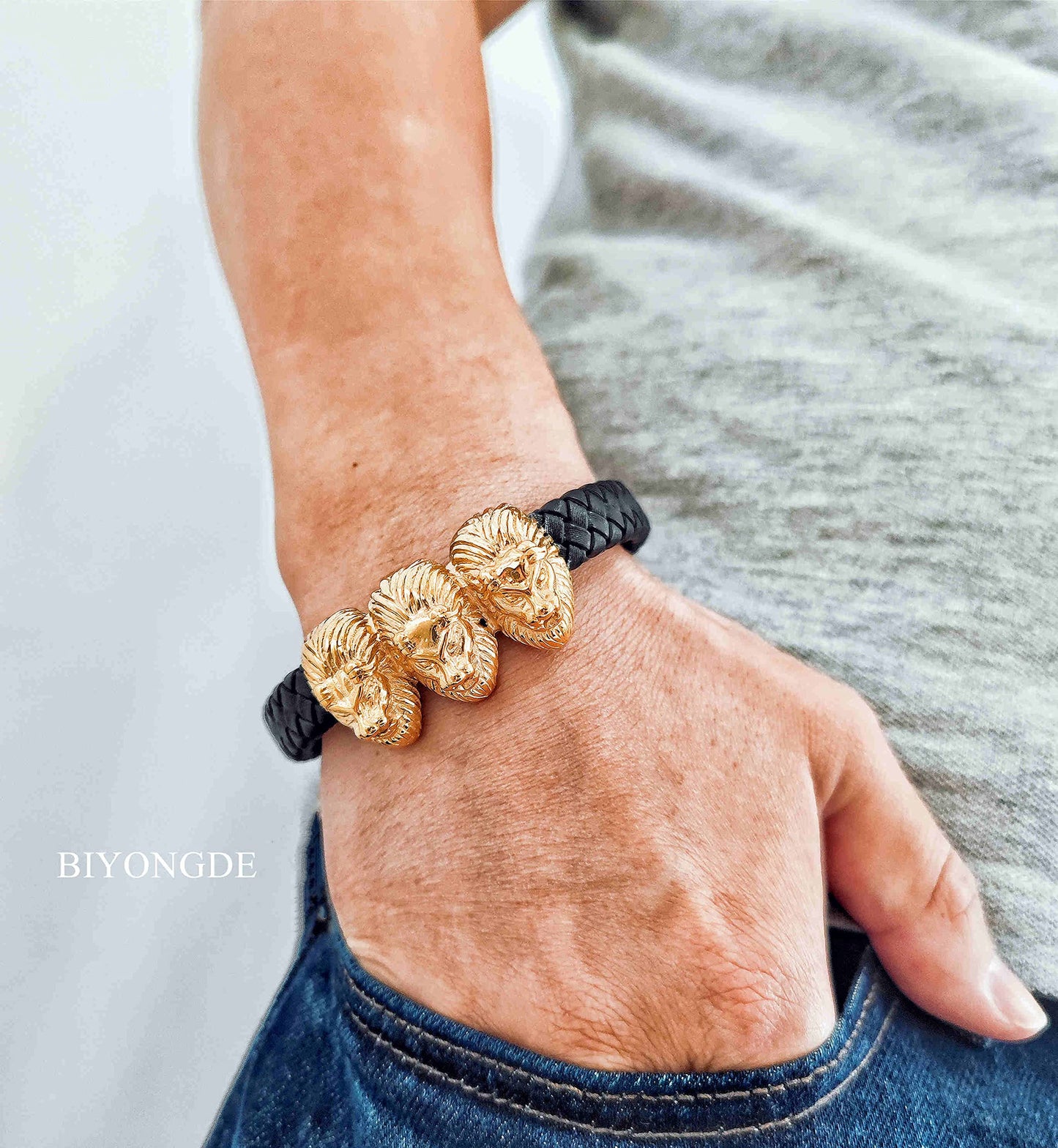BIYONGDE Mens Black and Gold Lion Bracelet, Braided Black Leather with Gold Color 3 Lion Heads, Stainless Steel Leo ID Identification Bracelet, Masculine and Chunky