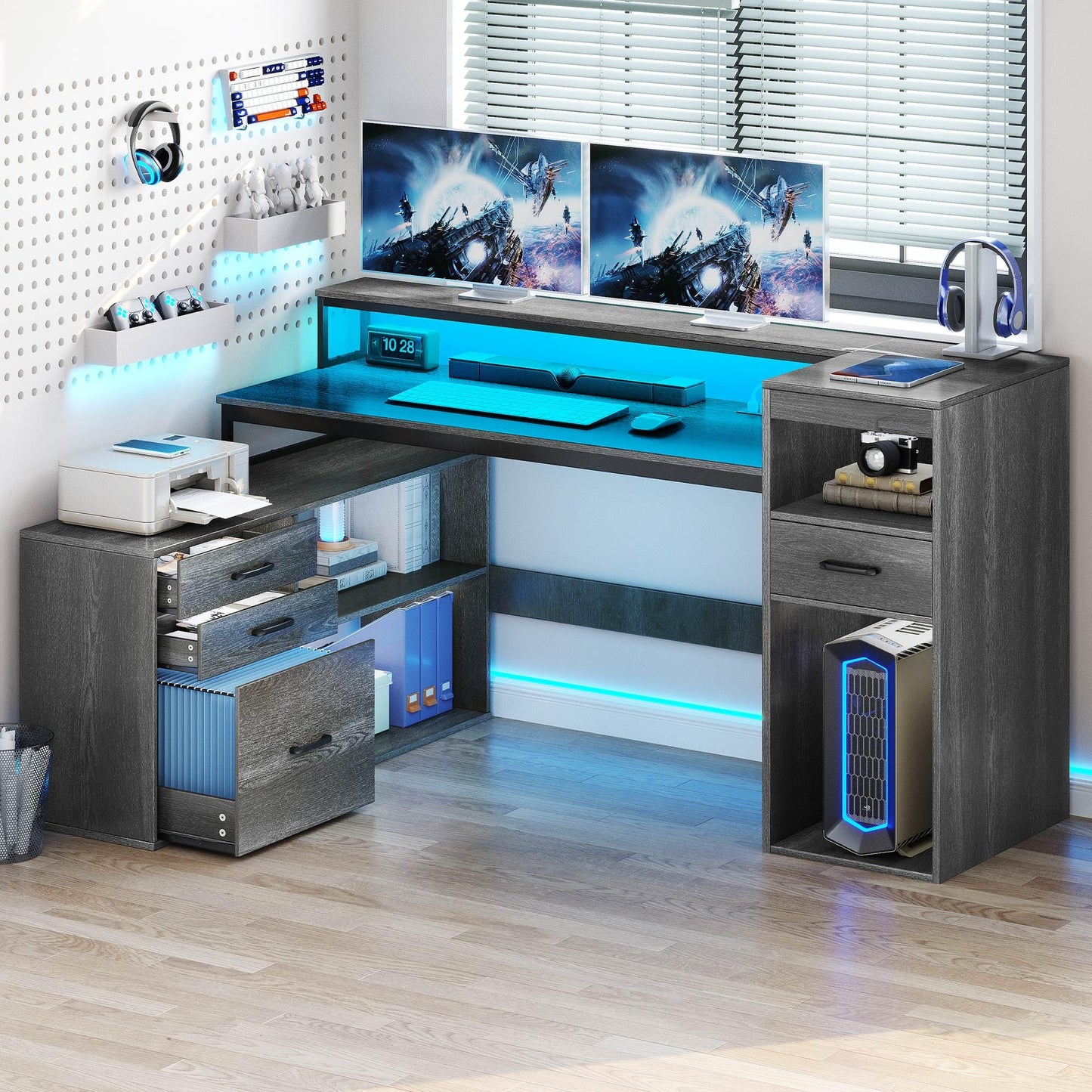 YITAHOME L Shaped Desk with Drawers, 59" Corner Computer Desk with Power Outlets & LED Lights, Farmhouse Wood L-Shaped Desk with File Cabinet, Printer Stand, Host Stand for Home Office, Grey