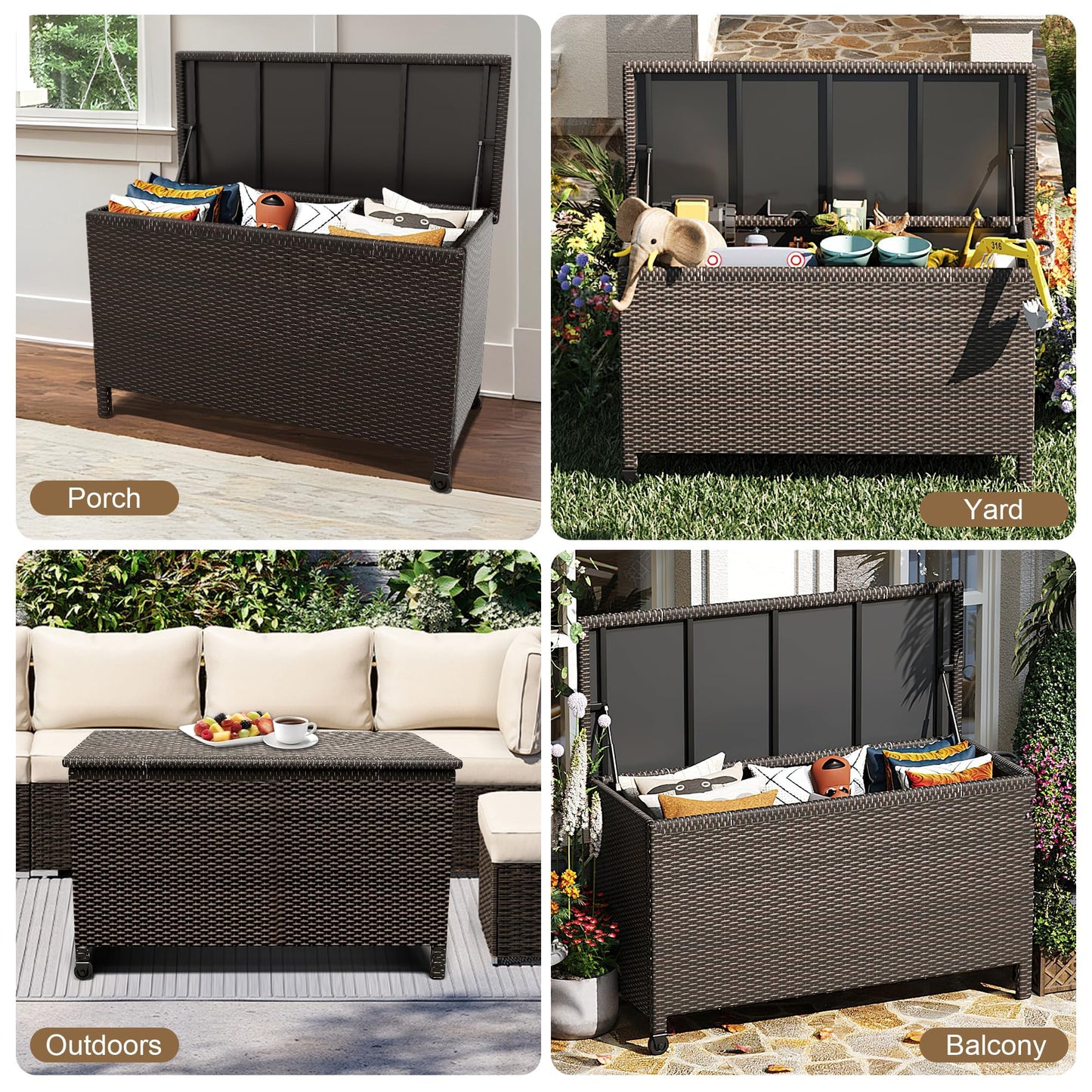 185 Gallon Outdoor Deck Box,Large Storage Bins with Lid, 2 Wheels and Handles, Patio Outdoor Bench with Storage, PE Rattan Wicker Box for Store Garden Tools, Patio Furniture Cushions, Pool Supplies