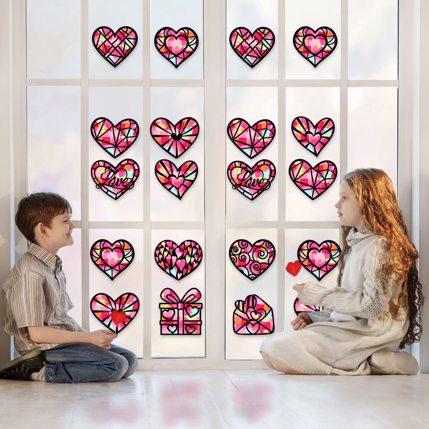 Renbuzhu 40PCS Valentines Day Crafts: Paper Heart Suncatchers, Christmas Valentine's Classroom DIY Kits, Window Stained Glass Effect Art Supplies
