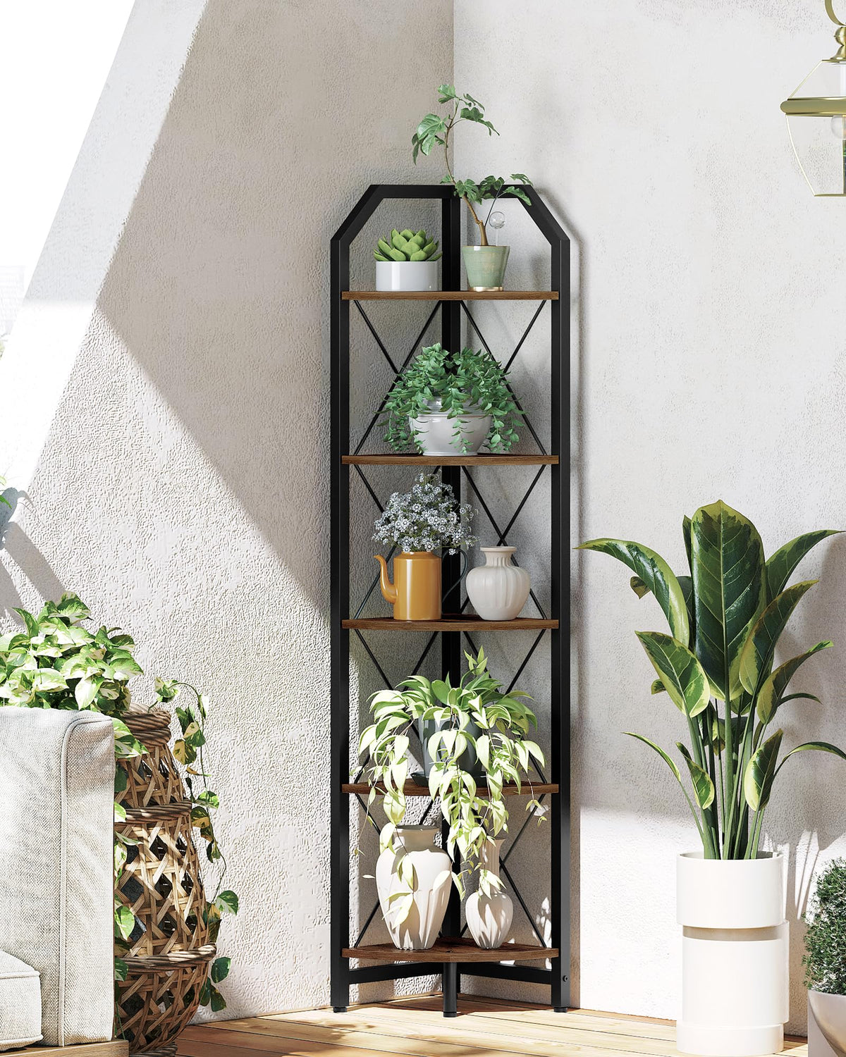 CHOEZON 59.4" Corner Shelf, 5-Tier Industrial Corner Bookshelf, Corner Storage Stand, Plant Stand Display Shelf, Bookcase for Bedroom, Living Room, Home Office, Rustic Brown and Black TCJ10BF