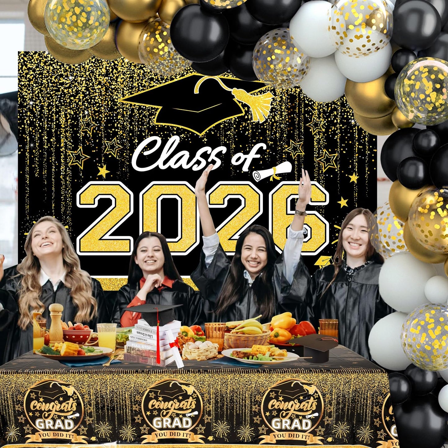 Graduation Decorations 2026, Black and Gold Balloon Garland Arch, Black and Gold Graduation Decorations with Congrats Grad Tablecloth and Class of 2026 Backdrop for High School College Grad Party