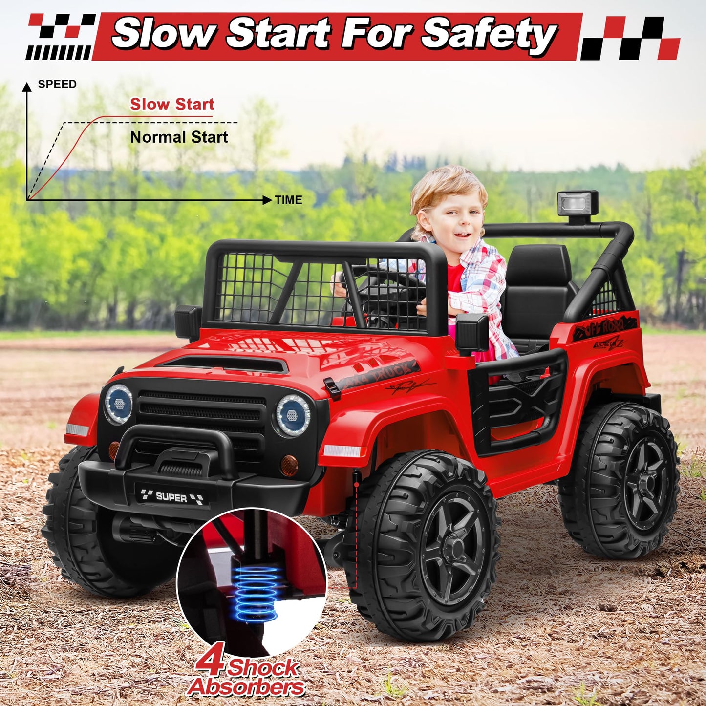 24V XL Ride on Car with Remote Control, JOYRACER 2 Seater 4WD/2WD Switchable Electric Car for Kids w/20 Inch Wide Seat, Gift Flower, 4X200W Power Car Wheels 24 Volt Big Truck for Boys Girls, Red
