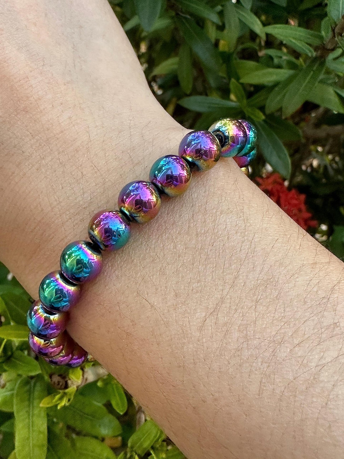 GAF TREASURES Rainbow Hematite Crystal Bead Bracelet 8mm, Genuine Rainbow Hematite Stretch Gemstone Bracelet, Healing Crystal Bracelet, Gift for Men & Women (1)