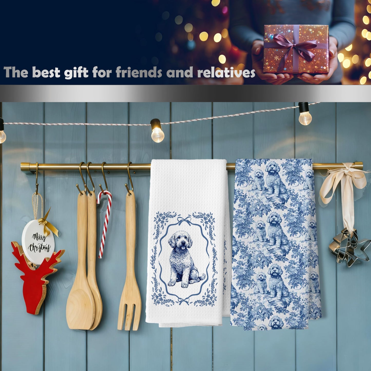 DAYOUER Chinoiserie Goldendoodle Kitchen Dish Towels, Goldendoodle Gifts, Blue and White Chinoiserie Golden Doodle Decor Hand Tea Towels for Bathroom Kitchen, 16x24 Inches Set of 2