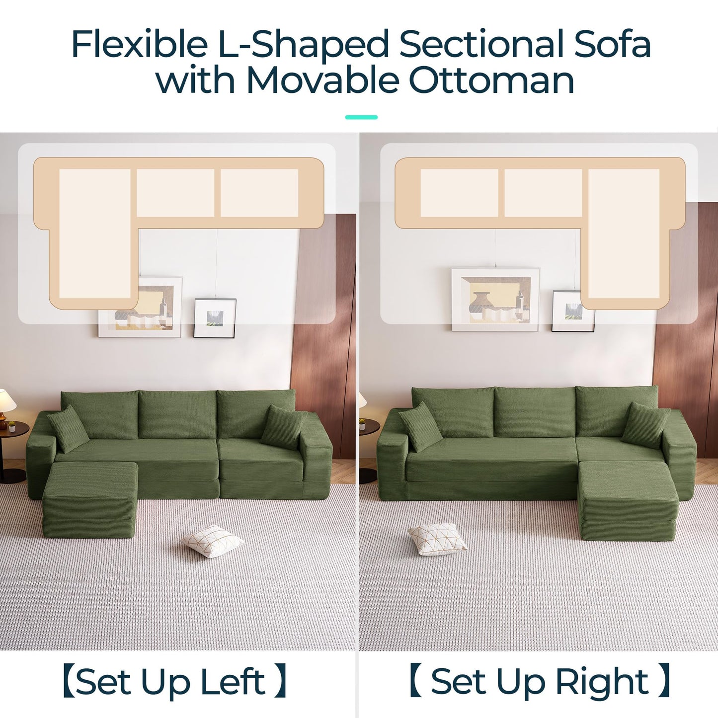 LINSY HOME Oversized Convertible Sofa Bed with 2 Pillows & Ottoman, Corduroy Boneless Couch Folding Modular Sleeper Sofa, L Shaped Couch Floor Sofa for Living Room Apartment, Upgrade Backrest (Green)
