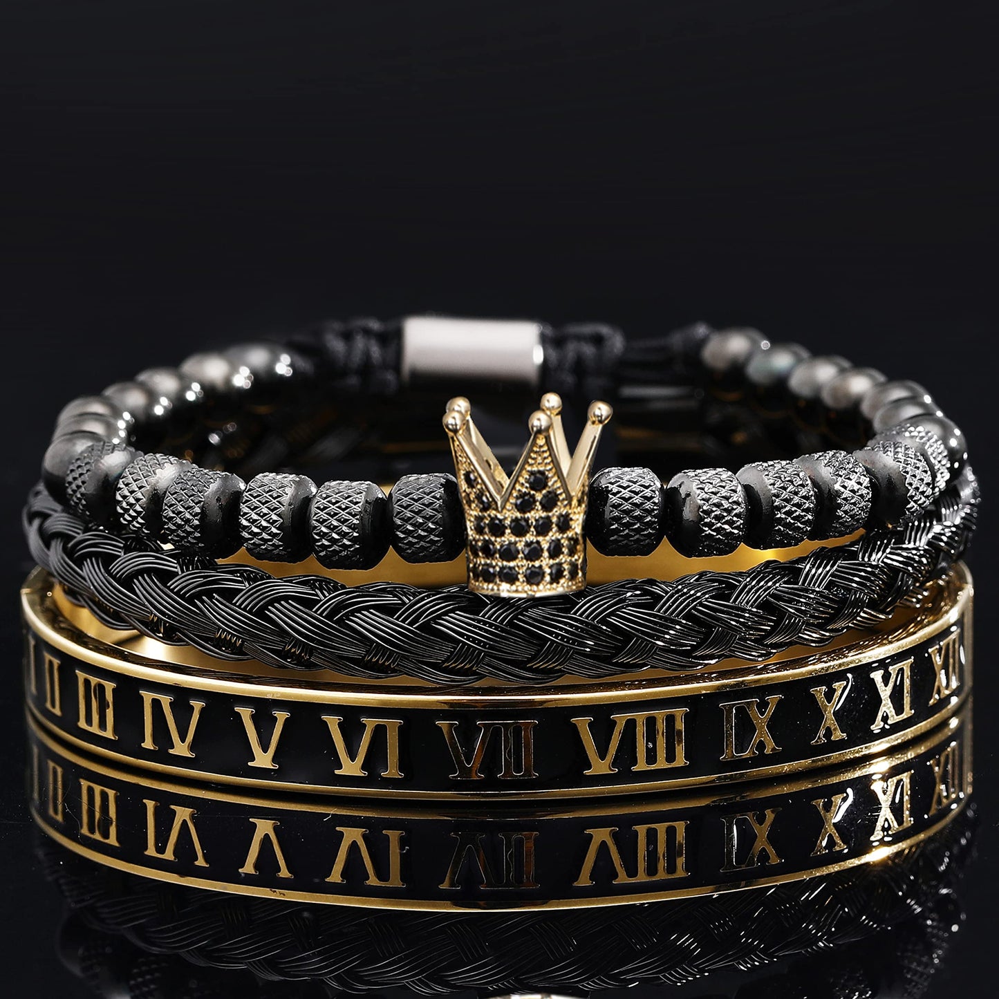 WFYOU 3PCS Stainless Steel Bracelets for Men Gold Roman Numeral Bangle Bracelet Twisted Cable Bracelet Adjustable Cuff Bracelet Mens Luxury Jewelry Bracelets Gifts(I:Gold&Black)