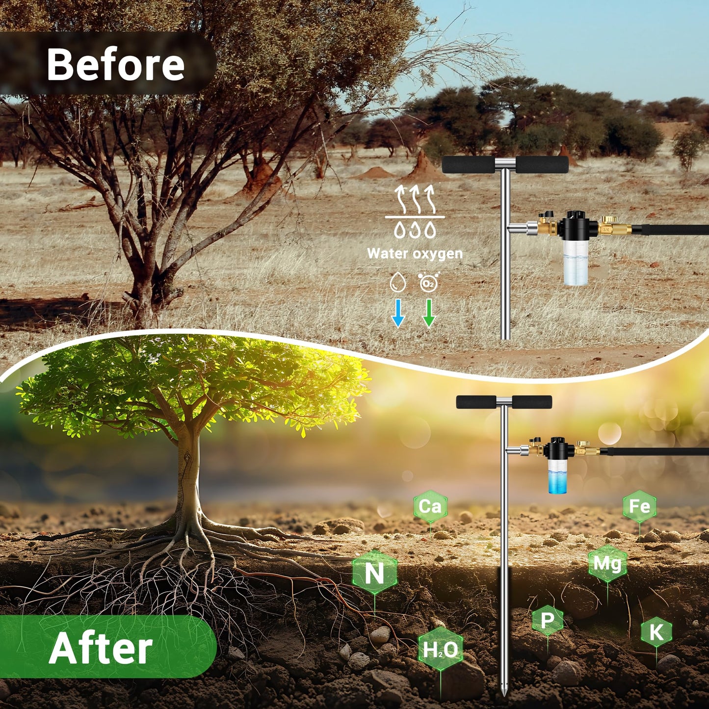 Deep Root Watering Tool for Trees Watering Spike with Fertilizer Bottle | Stainless Steel Root Feeder for Trees Irrigation System for Outdoor Garden, Plant & Shrubs Growth with Brass Valve | T-Handle