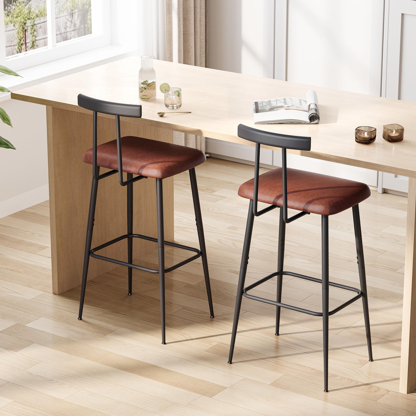 Bar Stools set of 2, Tall Bar Stools with Backrest and Footrest, Counter Height Bar Chairs, Industrial Barstools with PU Leather Cushion, for Kitchen, Dining Room, Bar, Cafe (Rustic Brown)KBS515R