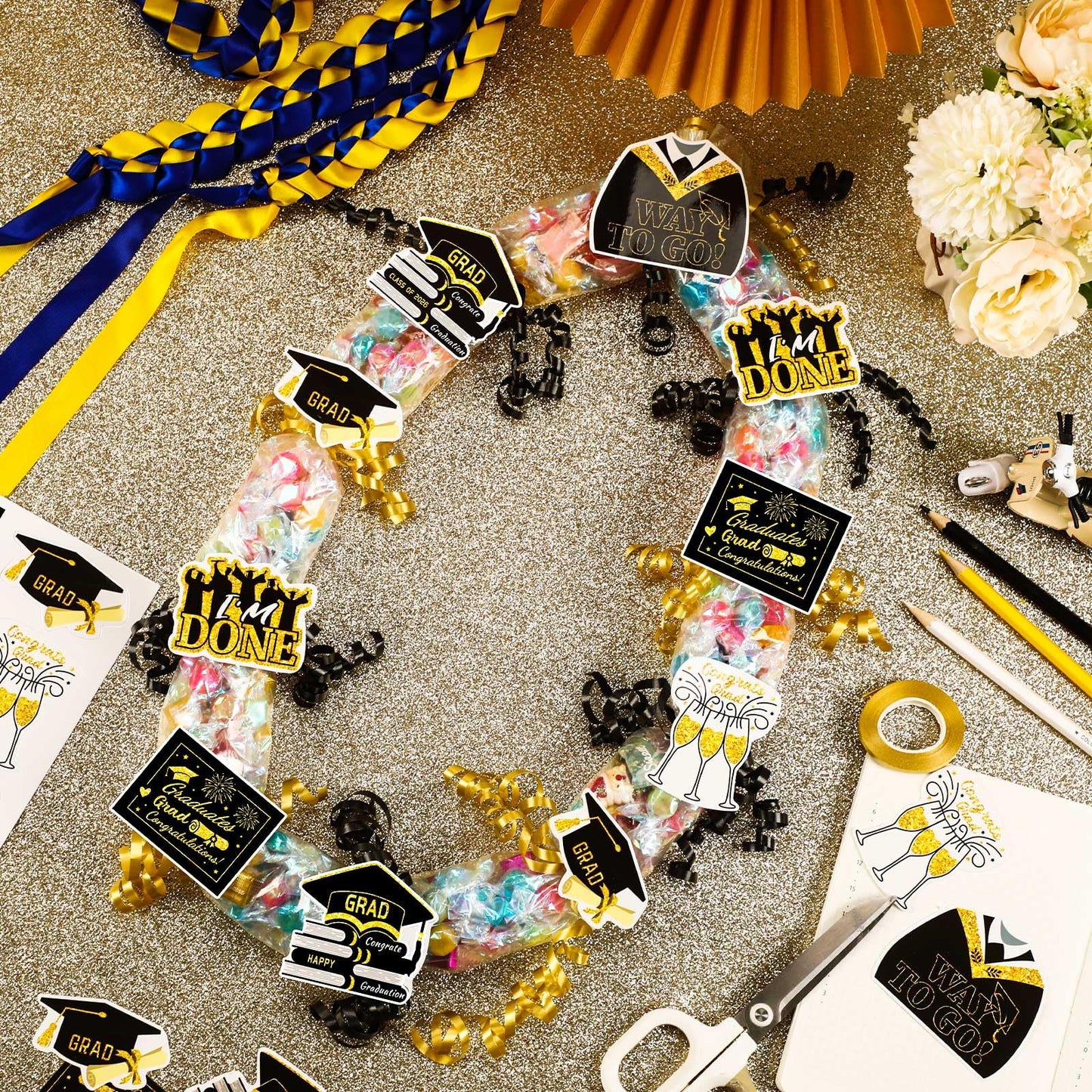 MARFOREVER 174 Pcs Graduation Candy Lei Making Kit, 24 Pcs Graduation Candy Lei Tubing 144 Grad Paper Cut 6 Rolls Ribbons for Congrats Grad Class of 2026 Party Supplies DIY Gifts Wreaths