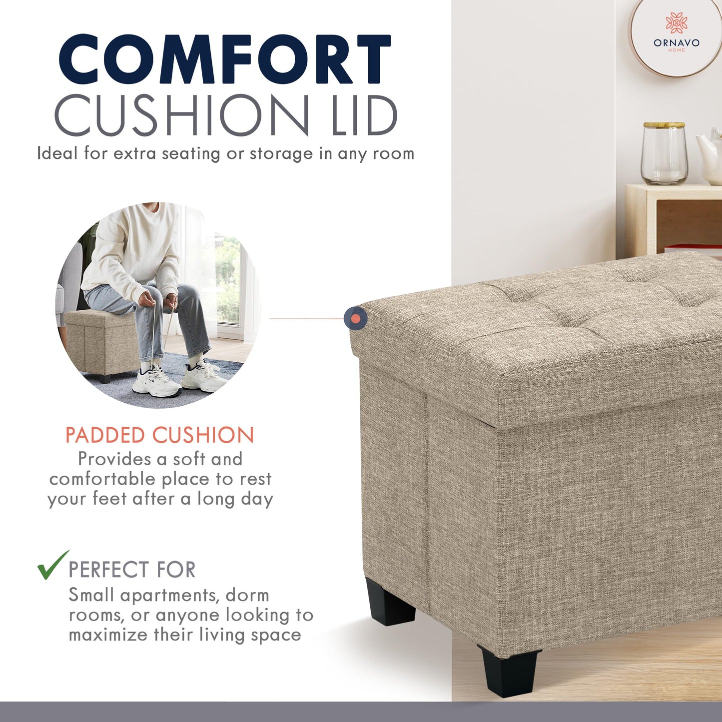 Ornavo Home Storage Ottoman Small Rectangle Ottoman with Legs, Foot Rest Stool Seat, Load up to 600 LB, for Living Room, Bedroom, Home Office, Dorm - 12 x 16 x 12, Tan