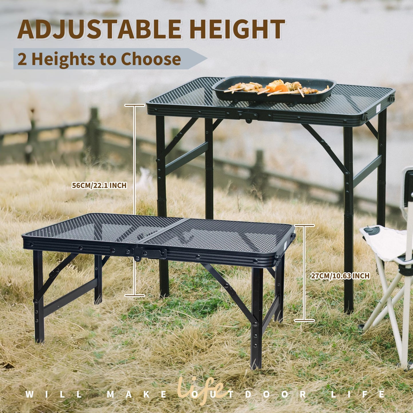 HPC Decor Folding Grill Table-Camping Table with Mesh Desktop,Portable Picnic Table with Carry Handle,27/56cm Height Adjustable Metal Table-Outdoor Grill Table,Folding Table for Outside Inside Use.