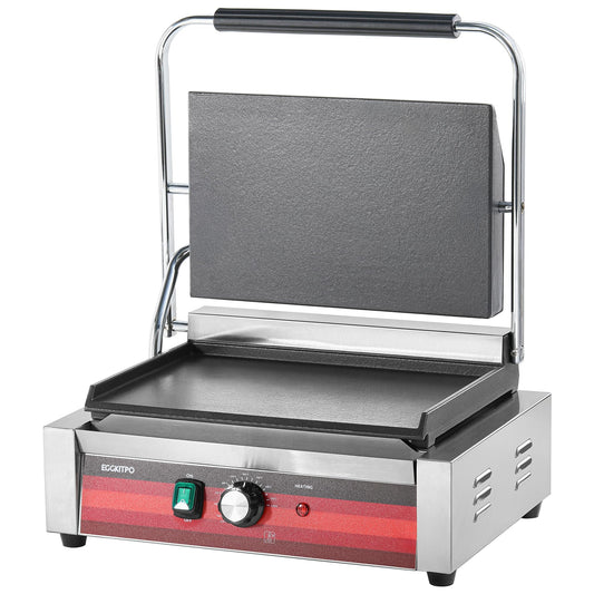 EGGKITPO Commercial Electric Panini Grill with Flat Plates Stainless Steel Sandwich Maker 14"× 9.5" Cast Iron Enamel Plate Countertop Panini Press with Temperature Control for Business 110V 1700W