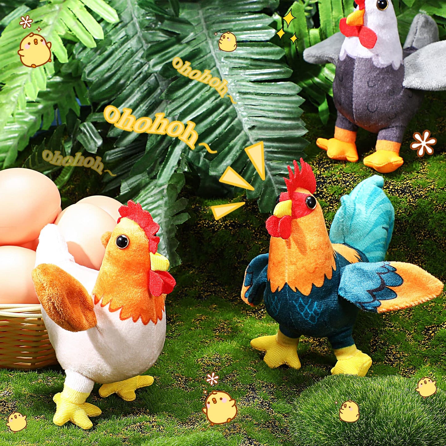 Kasyat 6 Pieces Mini Plush Furry Farm Animal Toys Soft Horse Pig Cattle Rabbit Dog Sheep Doll Stuffed Plush Farm Animals for Birthday Party Decoration(Chicken and Rooster)