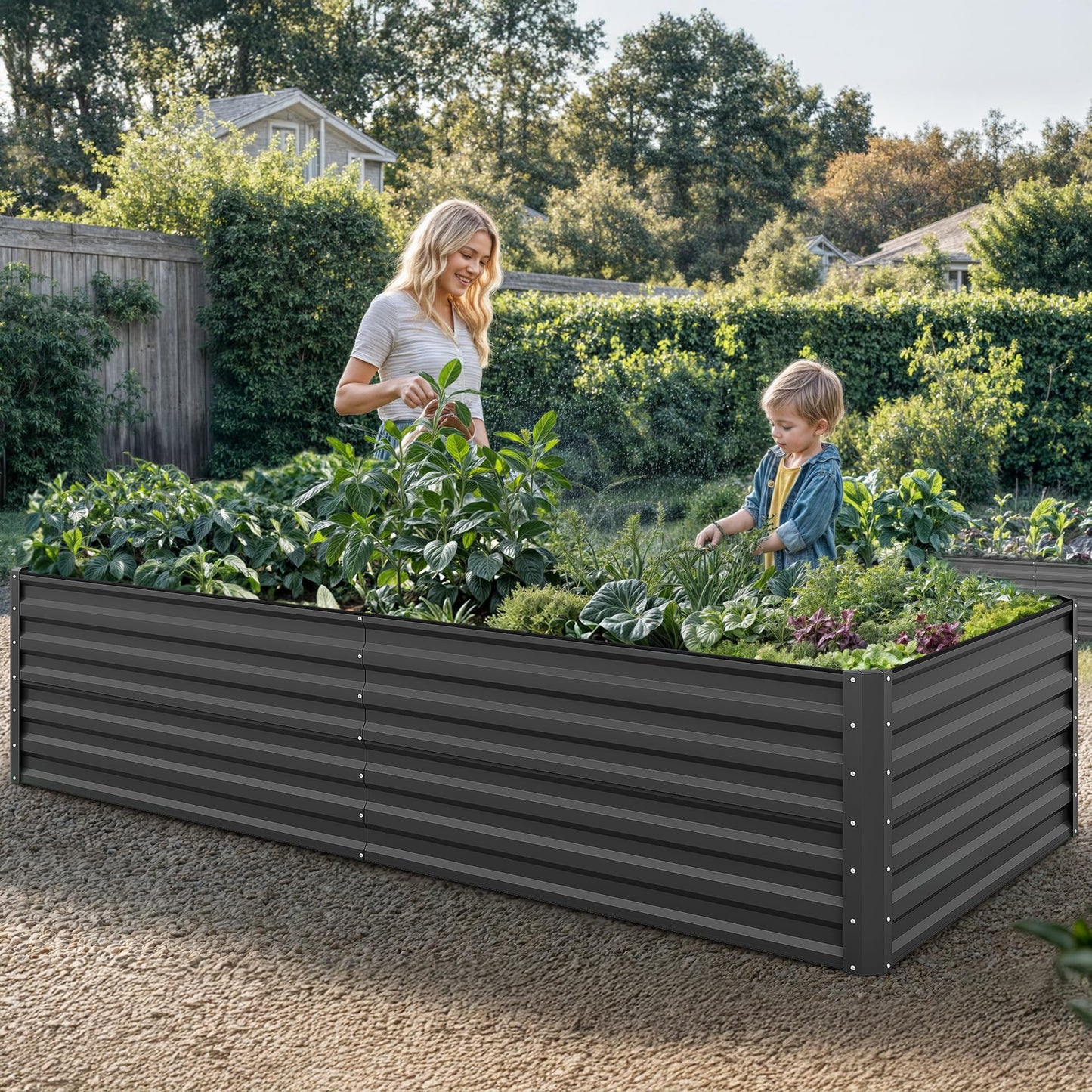 YITAHOME 8x4x2ft 2pcs Large Raised Garden Bed Kit, Galvanized Metal Planter Box with Gloves, Ground Nails & Safety Rubber, Outdoor Above Ground Planters for Plants Vegetables Flowers, Black