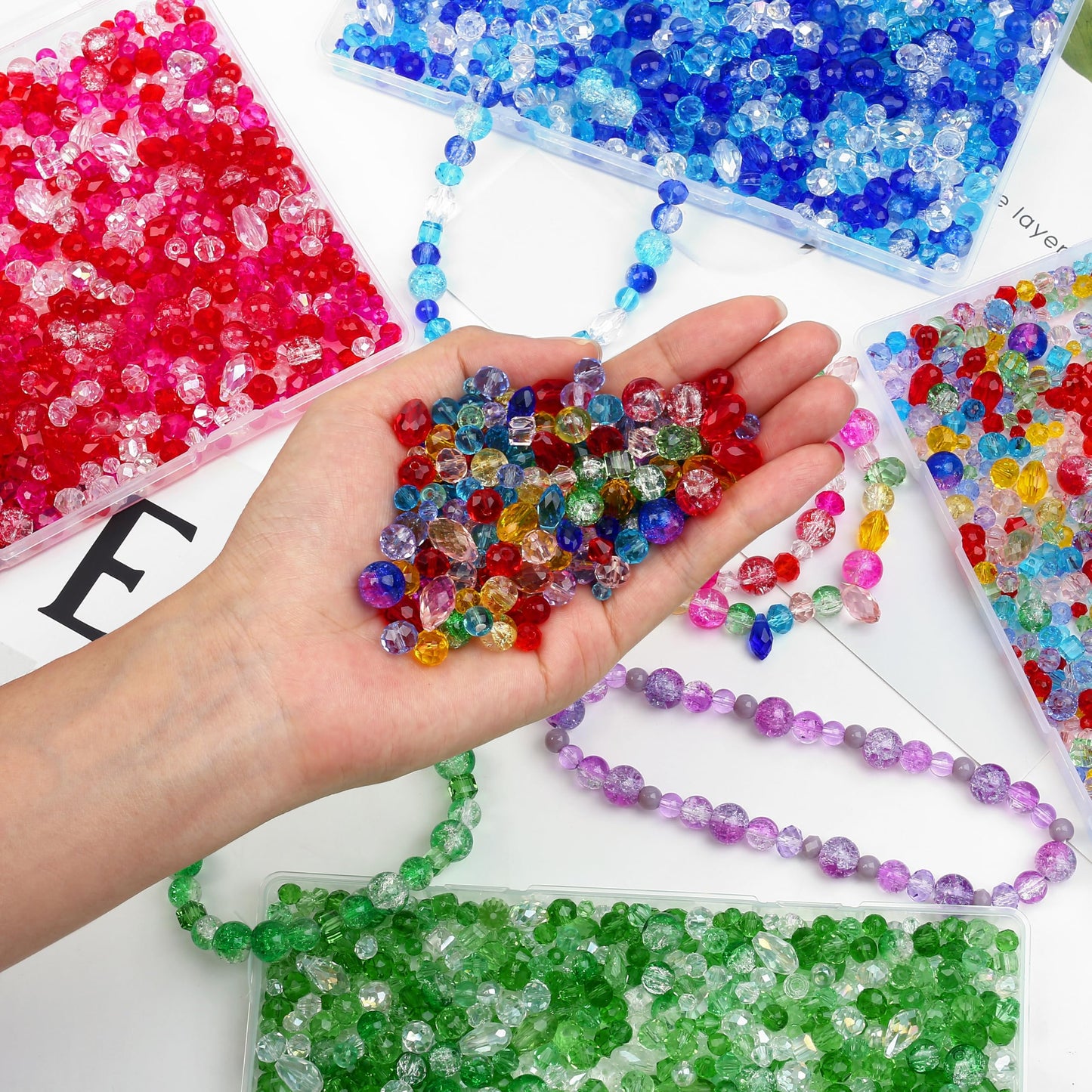 NUKAYAI 1200 Pcs Crystal Glass Beads for Jewelry Making – 13 Styles Bicone, Rondelle, Cube, Teardrop, Smooth Round, Floral and Strawberry Beads Bulk for DIY Bracelet Necklace Earring Craft Kit (Green)