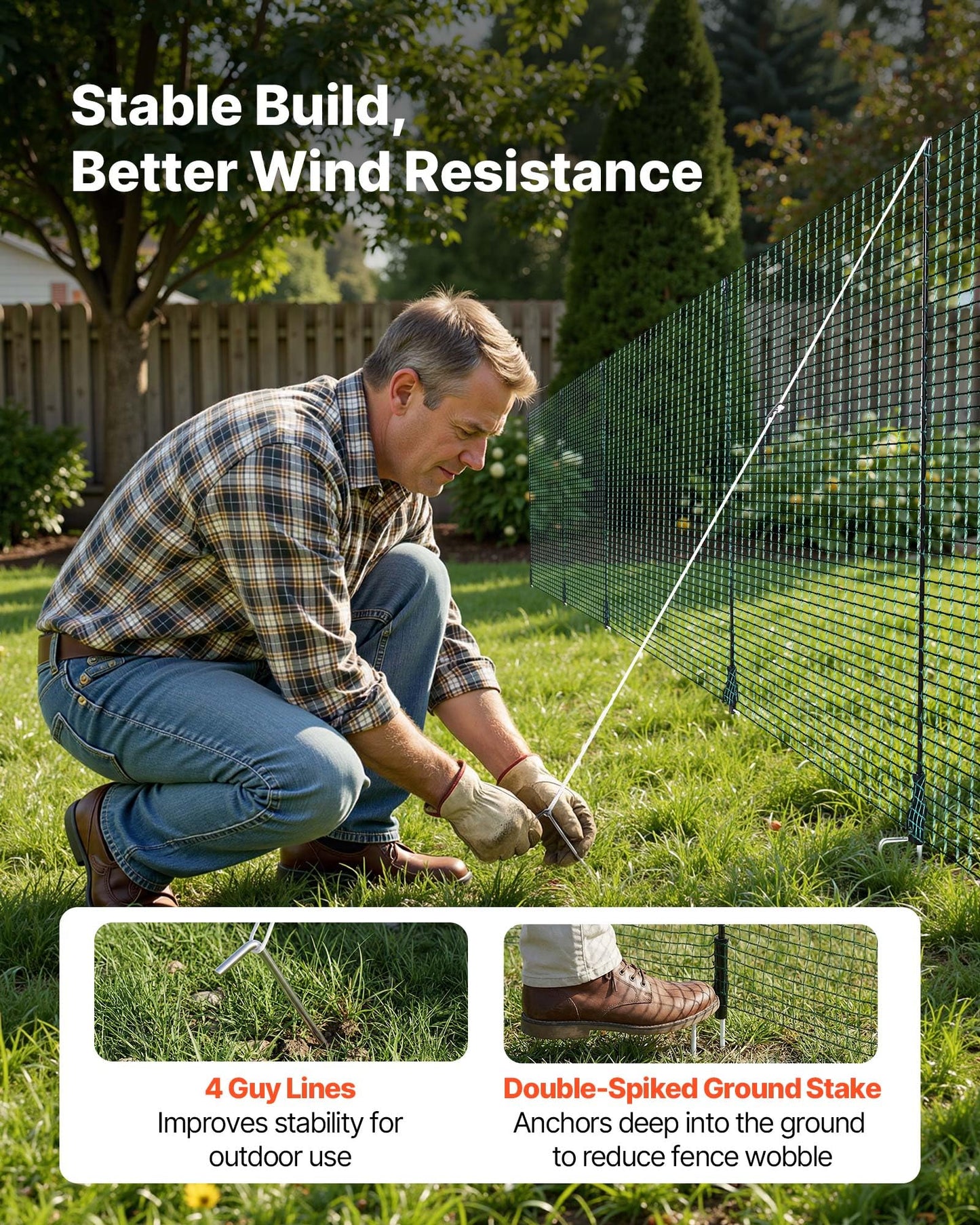 VEVOR Temporary Fence with Posts, 3 x 49.2 FT Plastic Mesh Fencing, Garden Safety Fences Netting with Double-Spike Stakes & Guy Ropes, Temporary Fence for Dogs, Chickens, Plants, Outdoor Yards