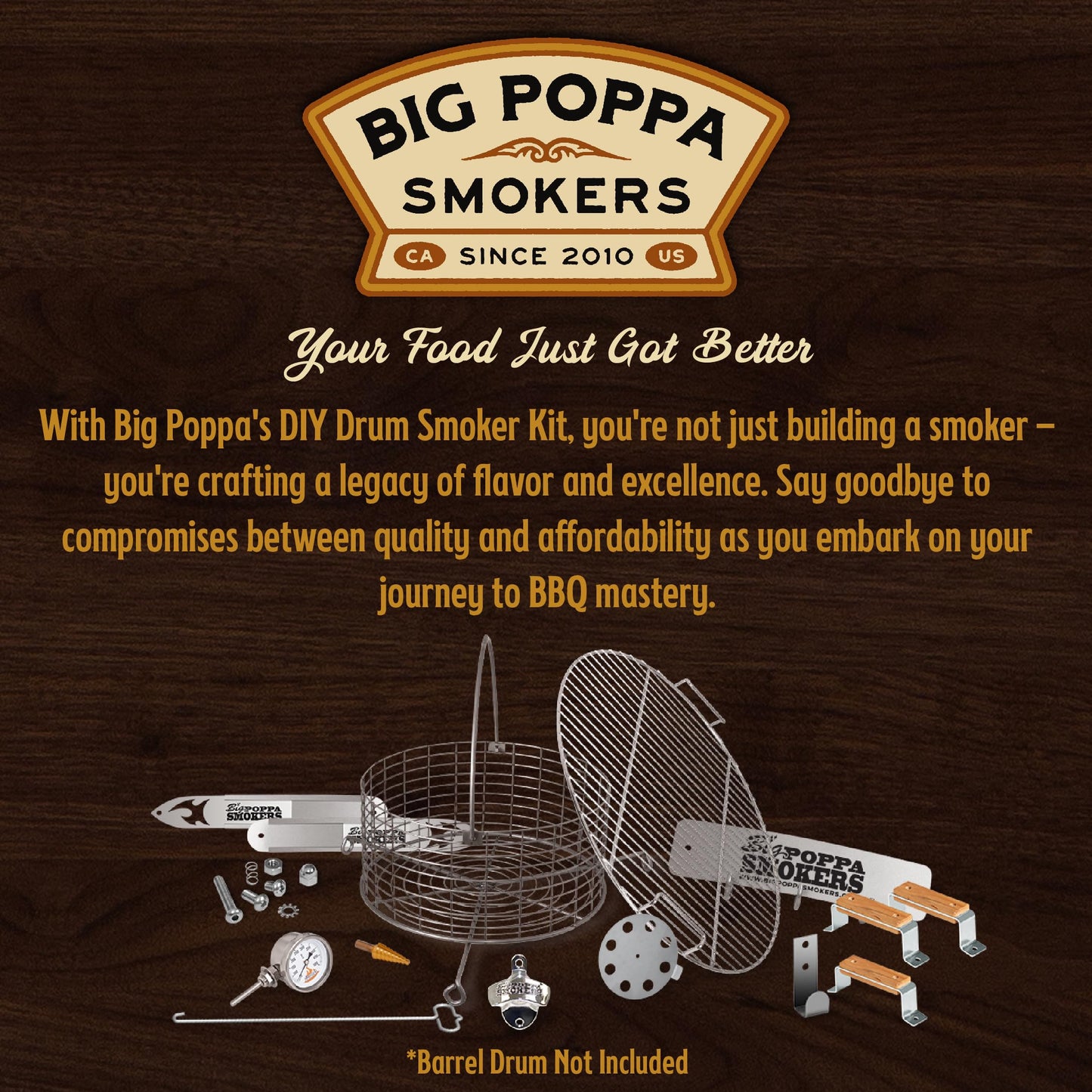 Big Poppa's DIY Drum Smoker Kit - Convert a 55 Gallon Drum into a Premium BBQ Grill - Unleash Your Inner Pitmaster & Craft Your Customize BBQ Setting with our Smoker Accessories
