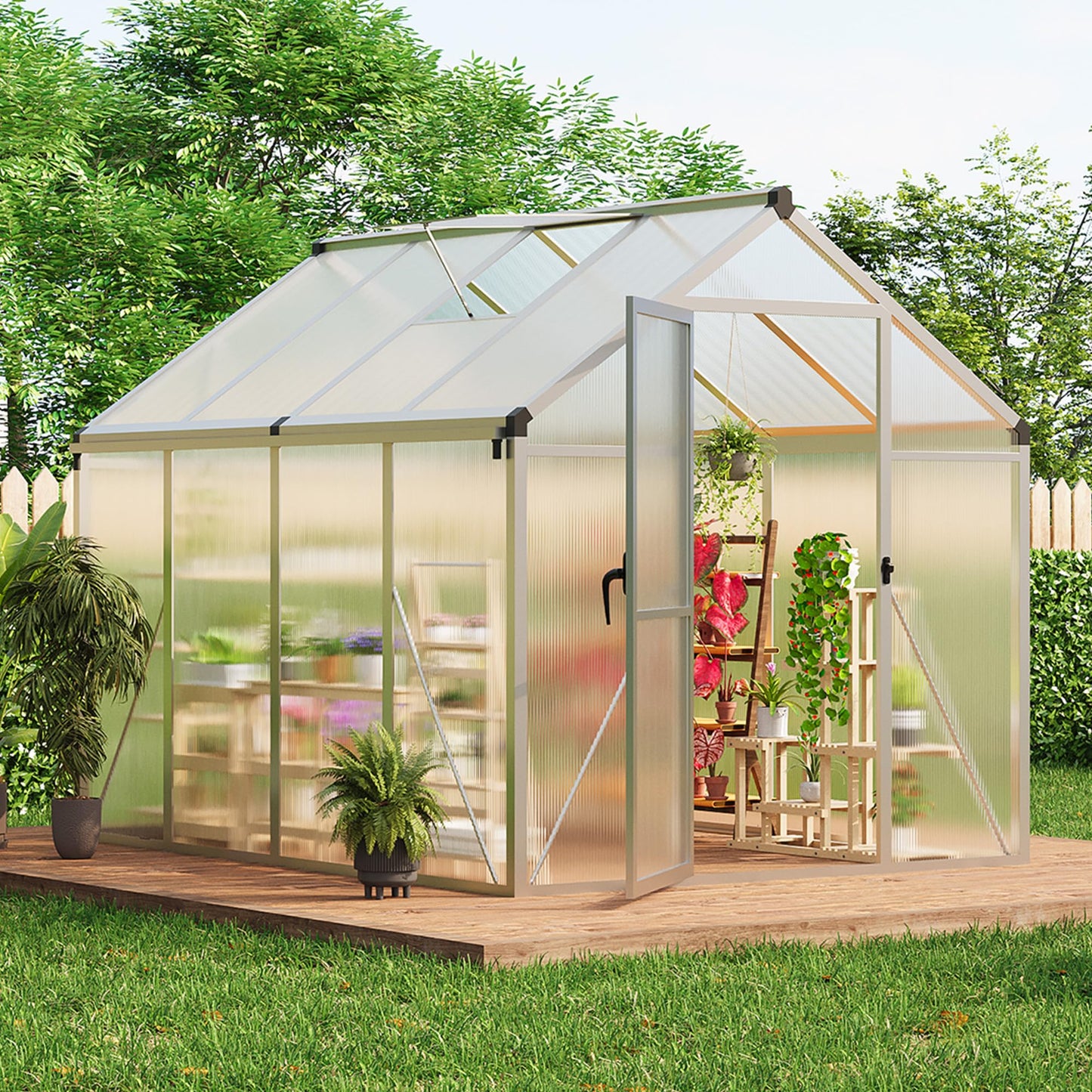 6X8 FT Outdoor Polycarbonate Greenhouse, Sturdy Aluminum Frame, Adjustable Roof Vent, Ideal for Backyard, Patio, or Garden, All-Weather Green House for Growing Plants and Vegetables