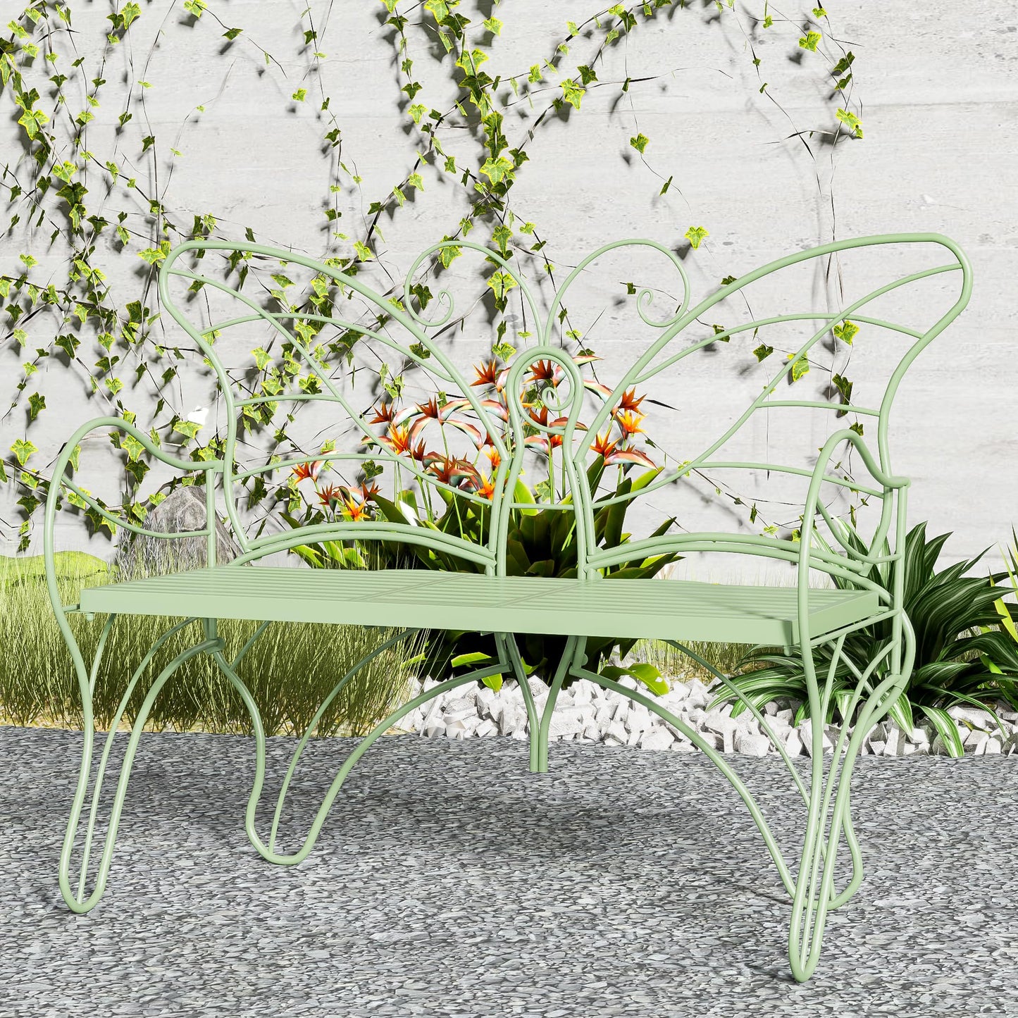 Boweniog Outdoor Bench Patio Outdoor Garden Bench with Built-in Table, Butterfly Bench for Outside, 3 People Outdoor Bench Garden Bench Front Porch Furniture (Green, 49.2inch)