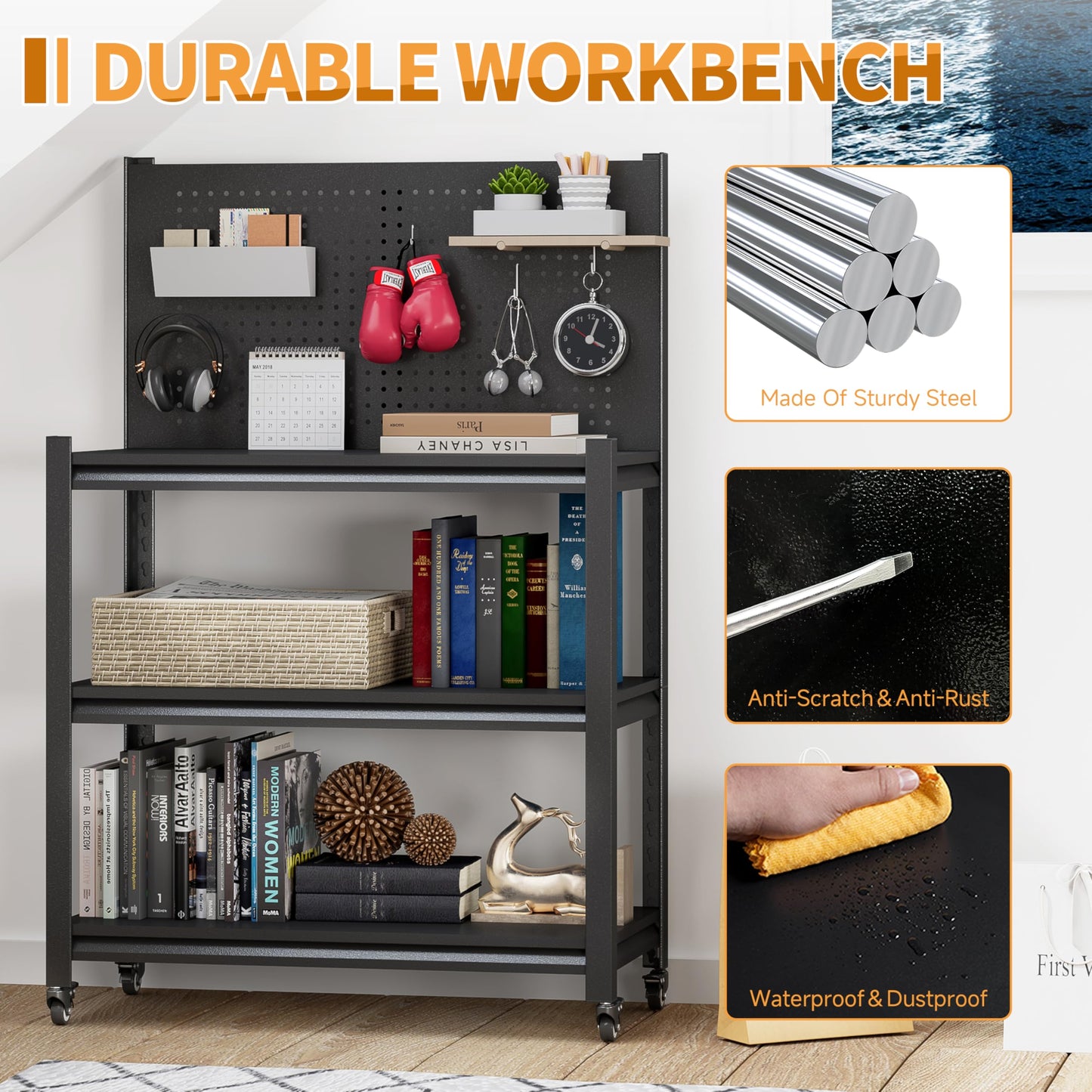 48" H Metal Garage Workbench with Pegboard,3-Tier Roling Tool Work Bench,Adjustable Heavy Duty Work Table on Wheels,Black Mobile Workstation for Garage Warehouse Workshop,Screwless Design