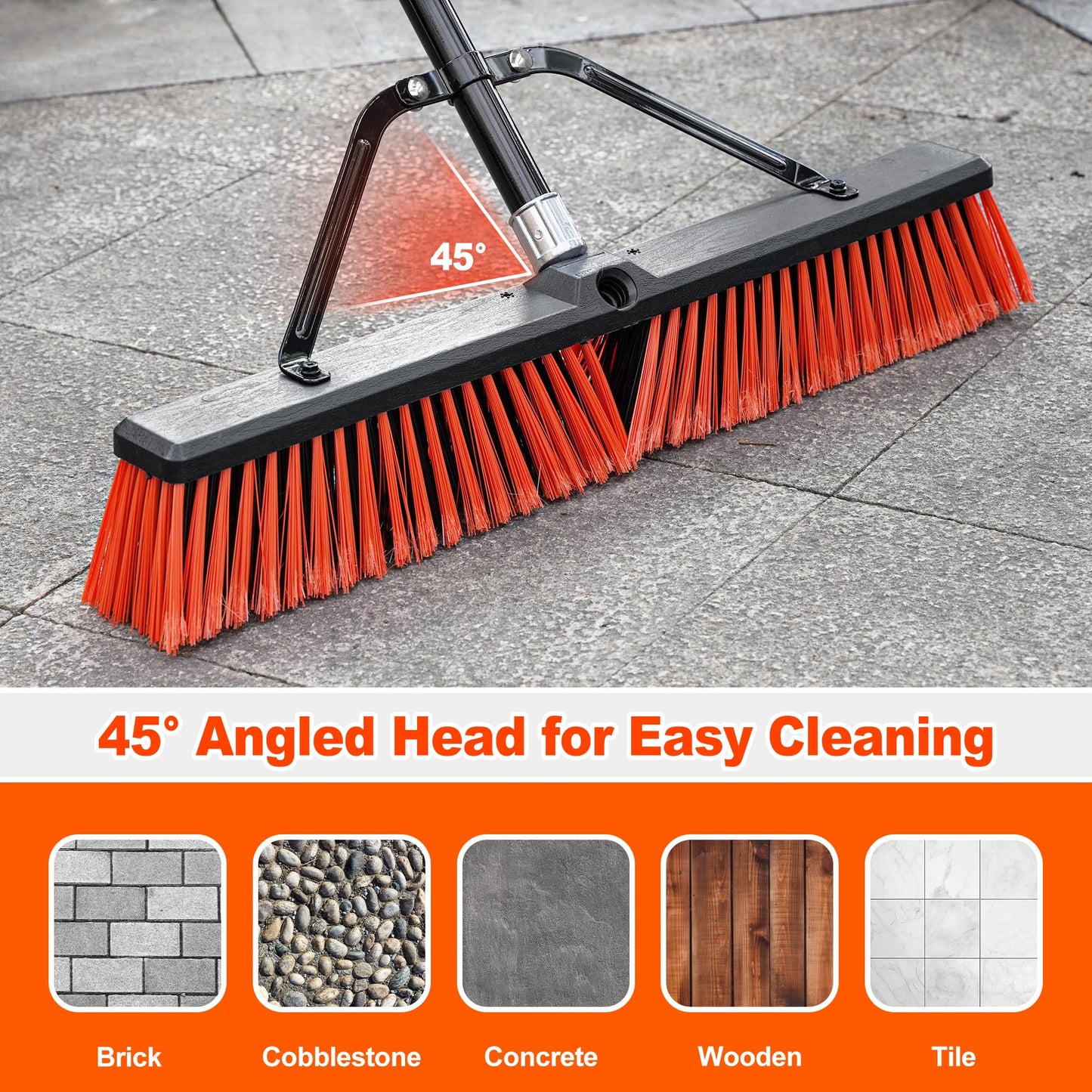 JEHONN 24” Wide Push Broom Outdoor Heavy Duty with 63 inches Long Handle, Stiff Bristle Commercial Industrial Brush for Garage Warehouse Shop Garden Patio Deck Yard Street (Red)