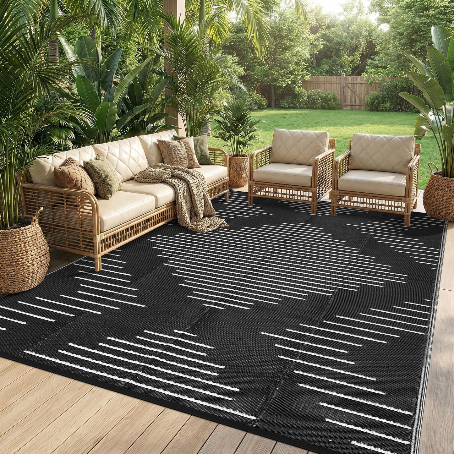 Garvee Waterproof Outdoor Area Rug 9x12 Plastic Reversible Rug for Patio Decor Easy-Cleaning Large Floor Mat for Camping RV Porch Deck Backyard Balcony Picnic Black White