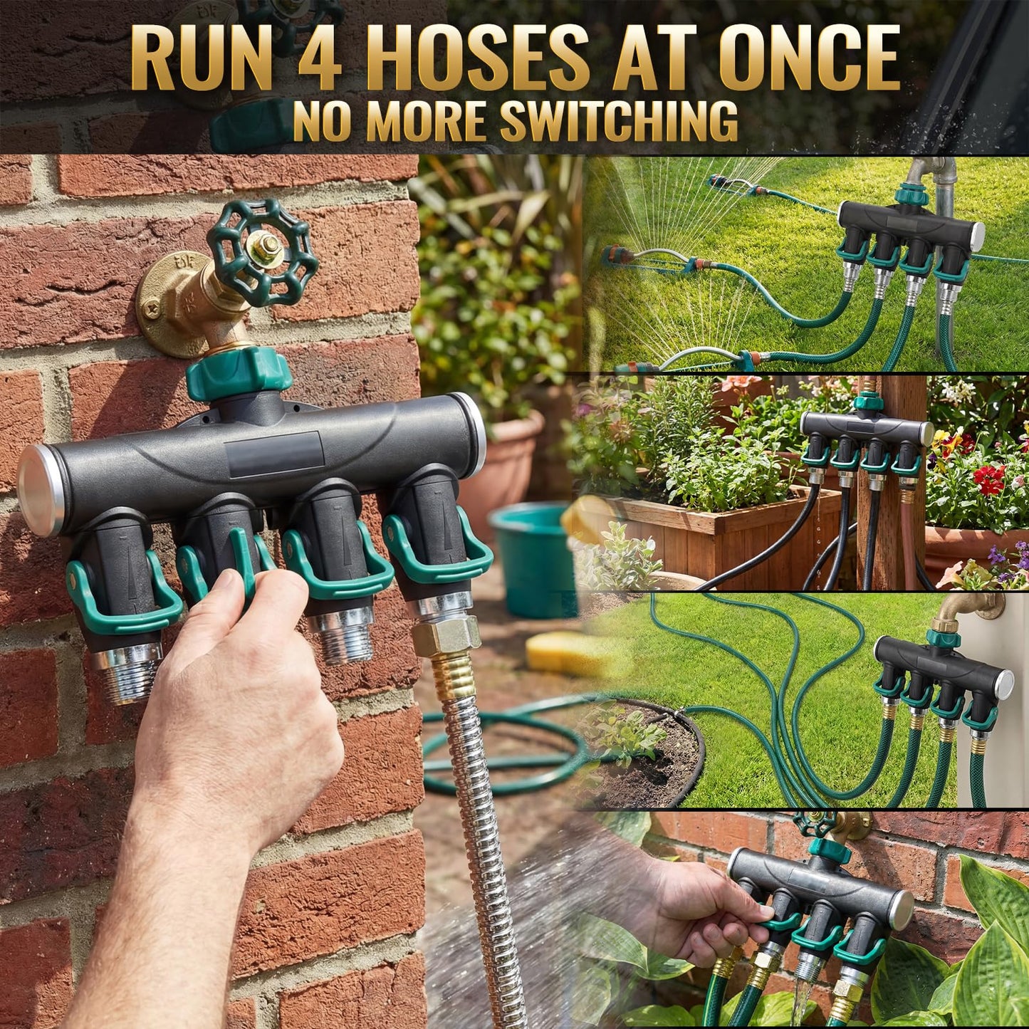 Chunful 4 Way Garden Hose Splitter Metal Water Hose Splitter Connector 3/4" Us Standard, Heavy Duty Zinc Alloy Hoses Manifold, Easy Grip & Easy to Open, 4 High-volume Valves for Irrigation Lawn Garden