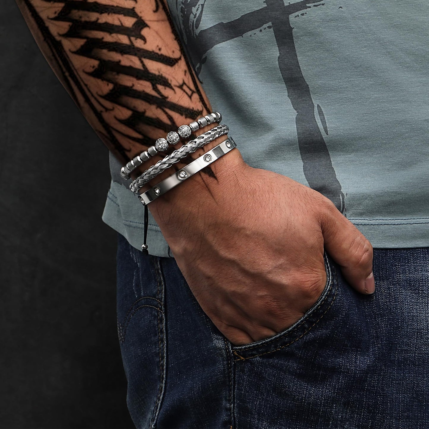 WFYOU 3PCS Stainless Steel Bracelets for Men Gold Roman Numeral Bangle Bracelet Twisted Cable Bracelet Adjustable Cuff Bracelet Mens Luxury Jewelry Bracelets Gifts(N:Silver-CZ Round Beads)