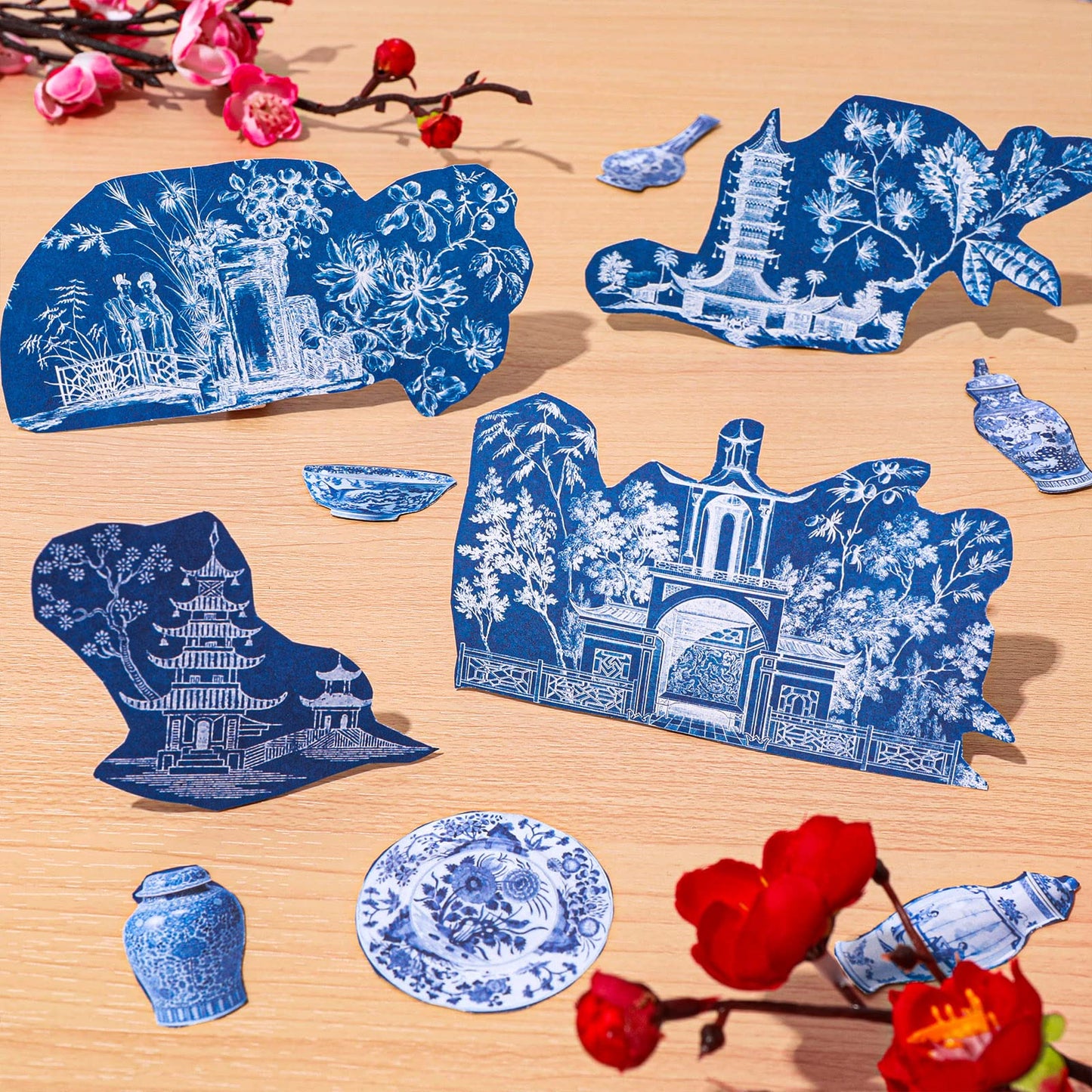 Whaline 24 Sheets Chinoiserie Pattern Paper 12 Design Blue China Scrapbook Specialty Double-Sided Collection Oriental Decorative Craft Paper for DIY Card Making Photo Album Journal Decor