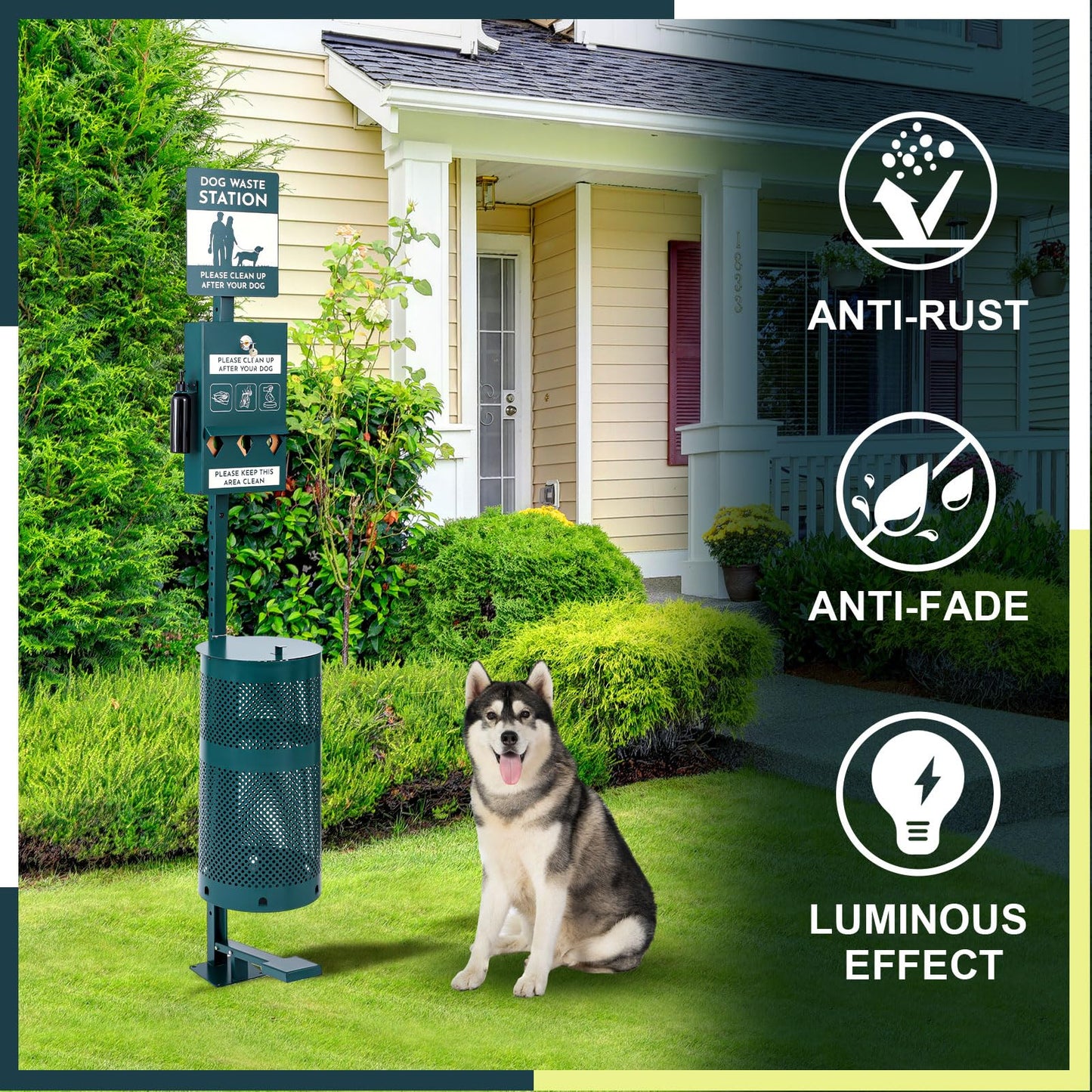 Qinyoung Pet Waste Station, Includes 600 Roll Bags, Dog Waste Station with Foot Pedal, Dog Poop Sign, Bag Dispenser, Hand Sanitizer Bottle and Covered Outdoor Trash Can for Parks, Trails Outdoor