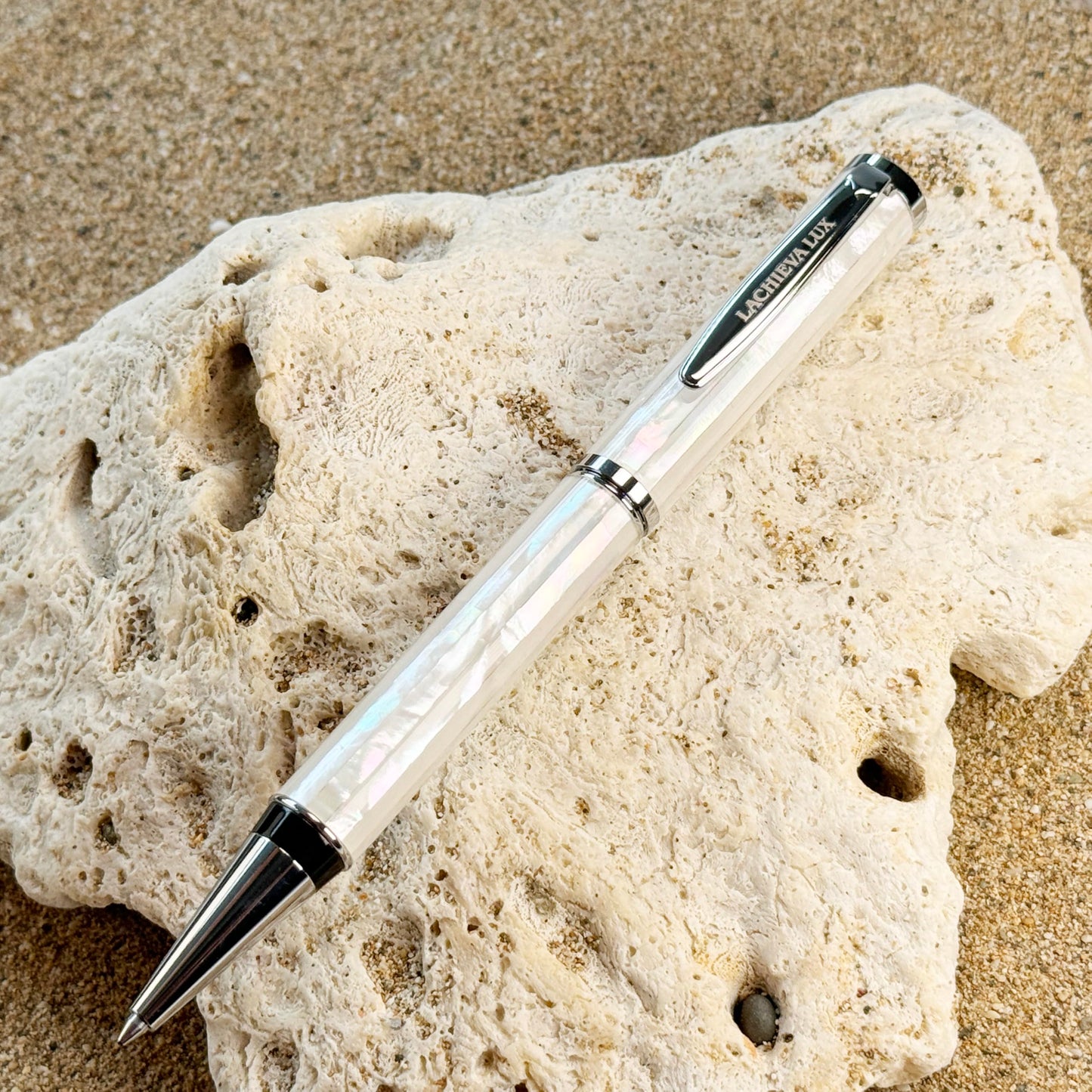 LACHIEVA LUX Stunning Handcrafted Mother of Pearl Ballpoint Pen with German P900M 1.0MM Refill, Luxury White Shell Gift Pen for Men and Women, Executive Writing Pen in Premium Gift Box