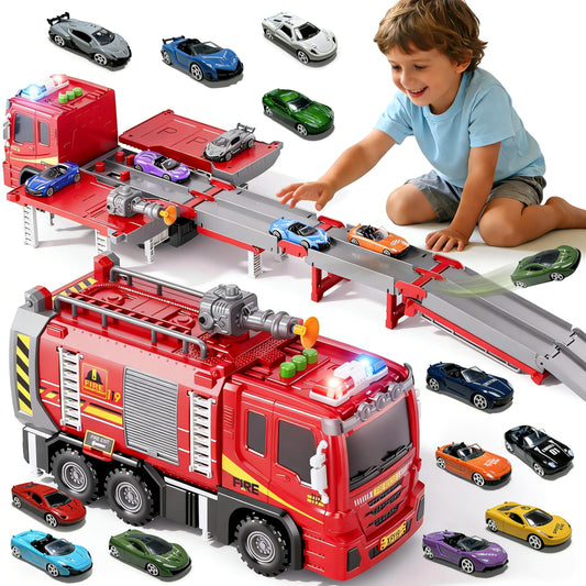 3in1 Fire Truck Toy with Foldable Race Track & 12 Diecast Race Cars Toys, Fire Trucks for Toddlers 3-5 with Lights & Sounds, Carrier Truck Car Kids Toy Gift for Age 3 4 5 6+ Year Old Boys Girls