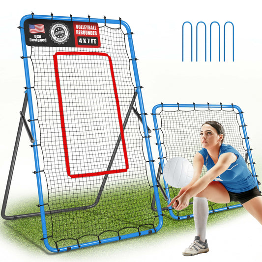 JOLORLY 2-in-1 Volleyball Rebounder Net, Adjustable 7×4 ft to 4.5×4 ft Bounce Back Training Rebound Equipment with Angle Customization for Volleying, Bumping, Spiking Practice (Blue)