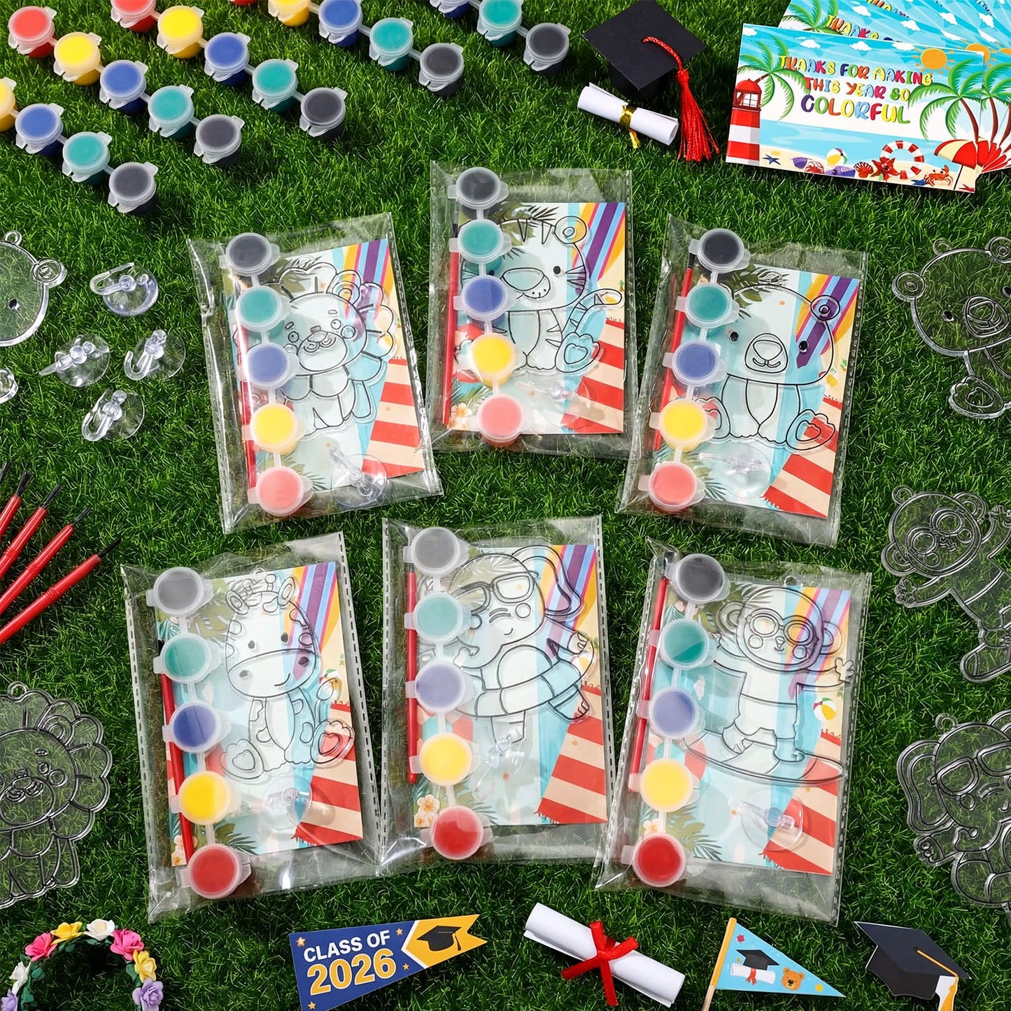Kathfly 24 Sets /146 Pcs End of Year Gifts for Kids Suncatchers Craft Kit Create Your Own Window Paint Art Animals Beach Ocean Palm Themed Sun Catchers Craft Kits for School Graduation Party Exchanges