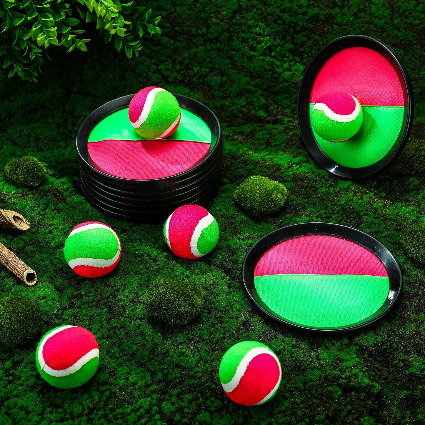 Charniol Kids Toys Toss and Catch Game Set Beach Game Outdoor Ball Sports Games Toss and Catch Ball Nylon Toys for Kids Adults (Pink, Green, Black,12 Paddles 6 Balls)