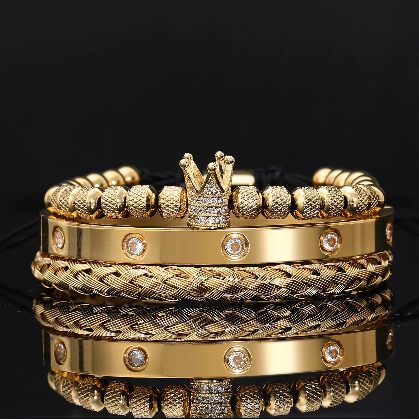 WFYOU 3PCS Stainless Steel Bracelets for Men Gold Roman Numeral Bangle Bracelet Twisted Cable Bracelet Adjustable Cuff Bracelet Mens Luxury Jewelry Bracelets Gifts(CZ Crown Gold)