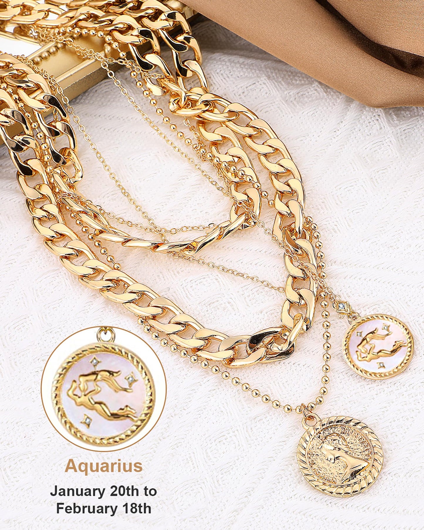 MJartoria Gold Layered Necklaces for Women Trendy Retro Coin Pendant Necklace Dainty Chunky Chain Choker Necklaces for Jewelry Birthday Gifts (Gold, Zodiac-Aquarius-3PCS Layered)