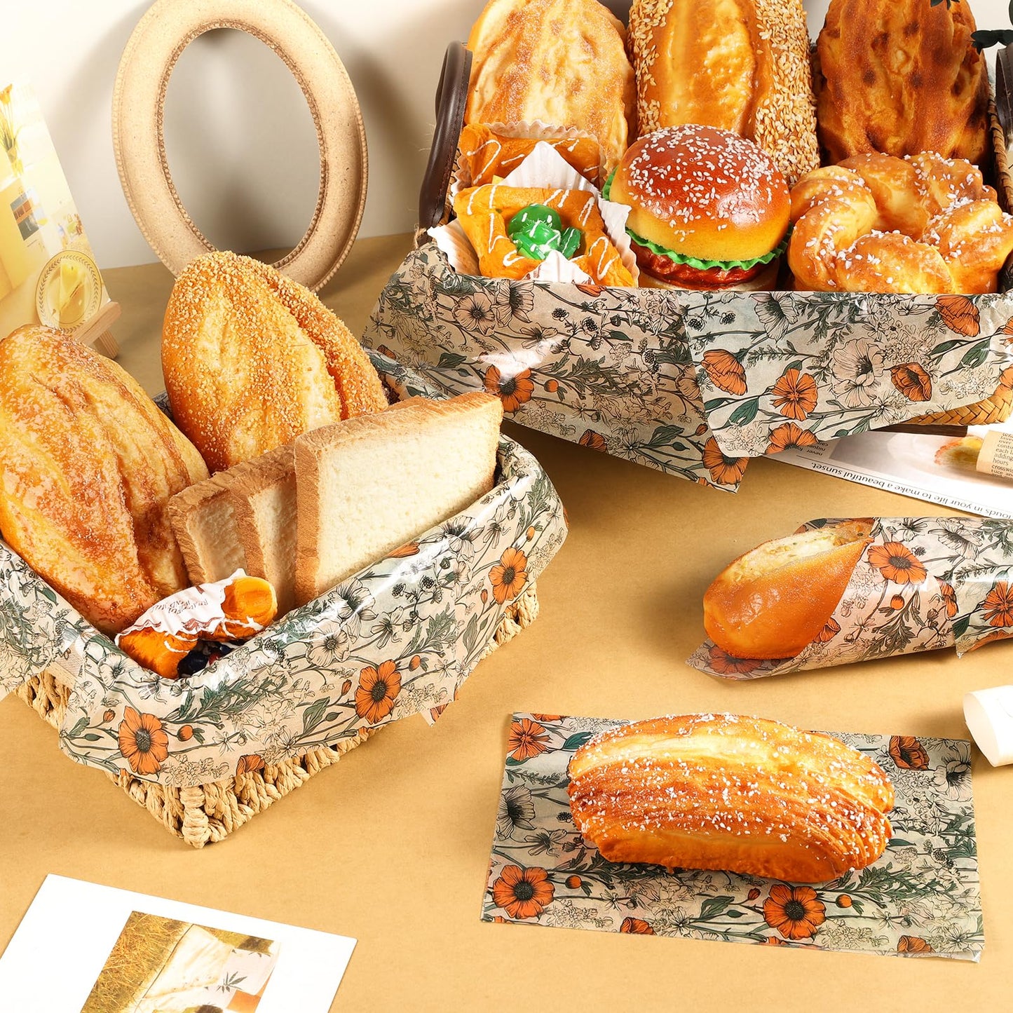 120 Sheets Orange Wildflower Garden Floral Wax Paper for Food Deli, 13.4 * 9.4‘’ Retro Floral Greaseproof Deli Paper for Sandwich Picnic Basket Liner Birthday Party Supplies