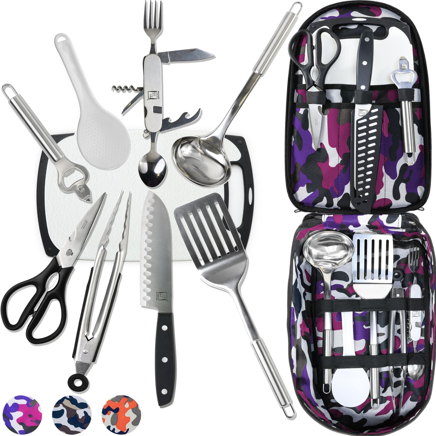 Wellmax 10-Piece Stainless Steel Camping Cooking Set – Compact All-in-One Cookware Kit with Utensils & Travel Bag for Campers, Hikers, Outdoor Adventures, Purple Camo Color